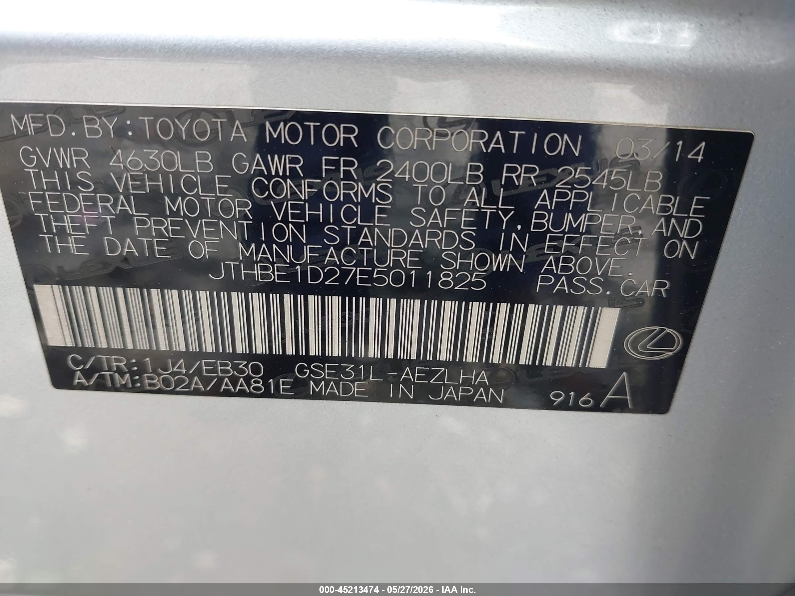 2014 Lexus Is 350   Silver vin: JTHBE1D27E5011825