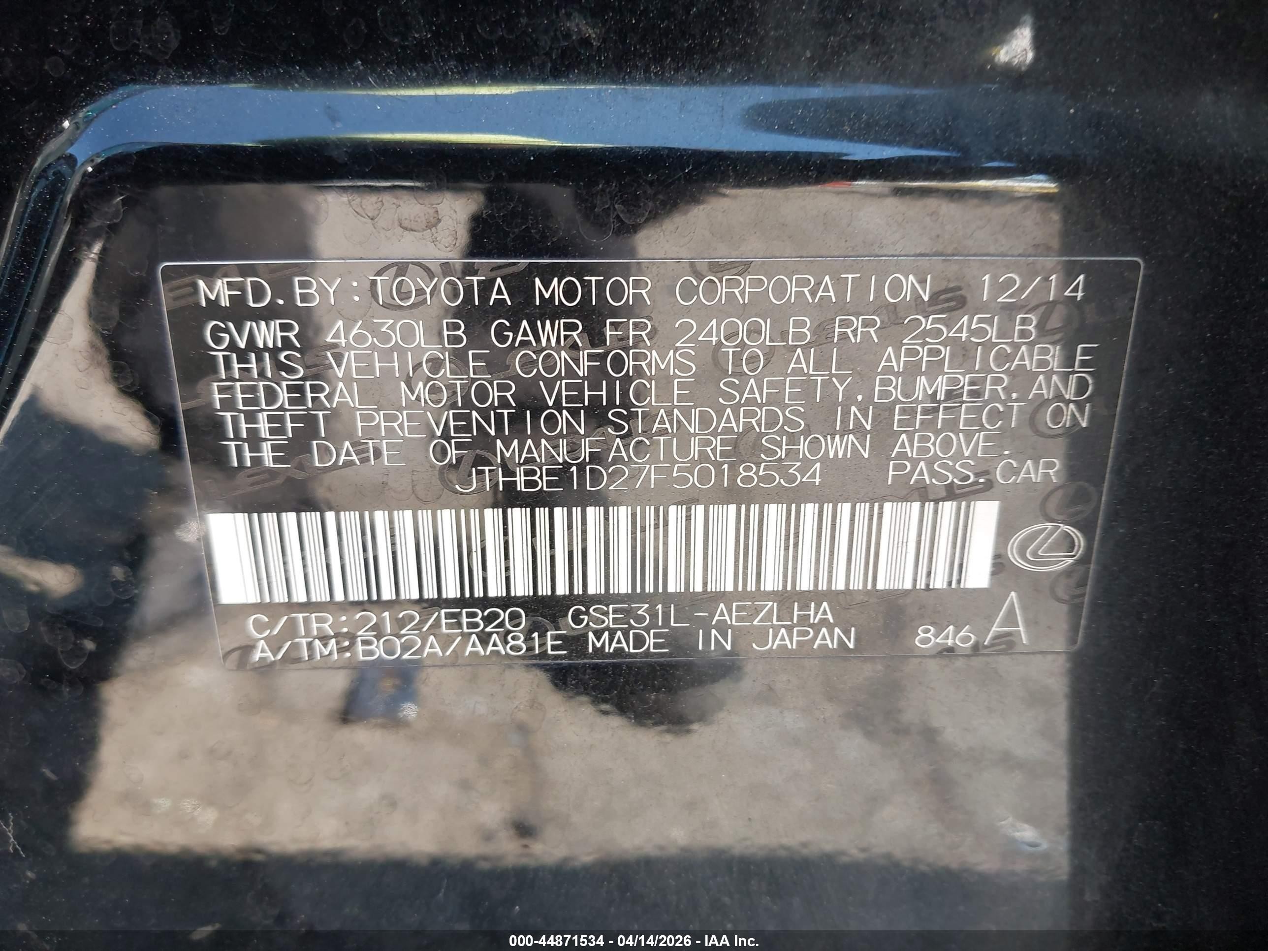 2015 Lexus Is 350   Black vin: JTHBE1D27F5018534