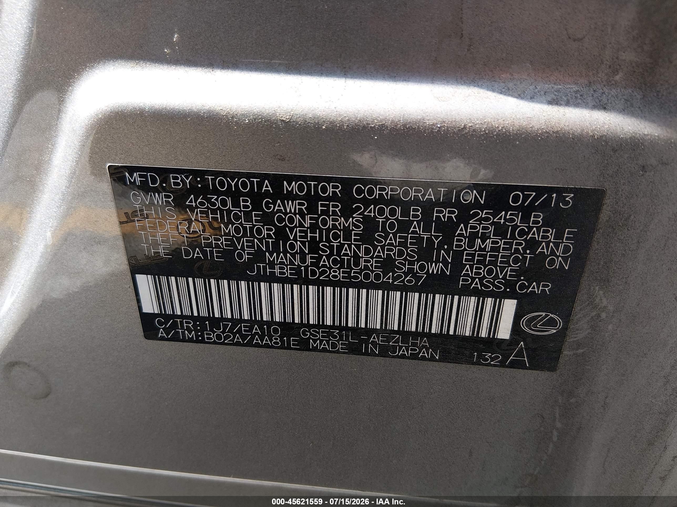 2014 Lexus Is 350   Gray vin: JTHBE1D28E5004267