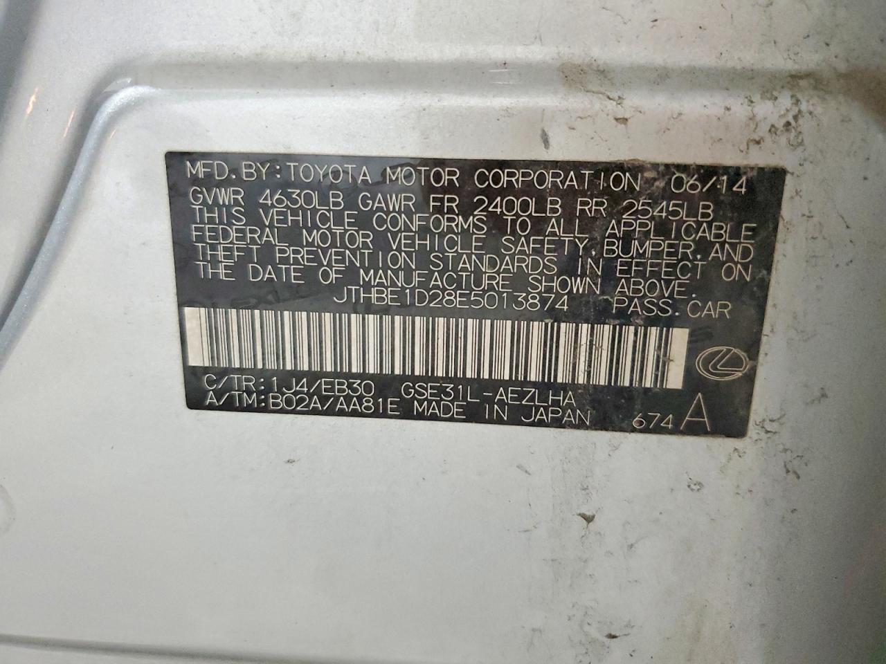 2014 Lexus Is 350 Silver vin: JTHBE1D28E5013874