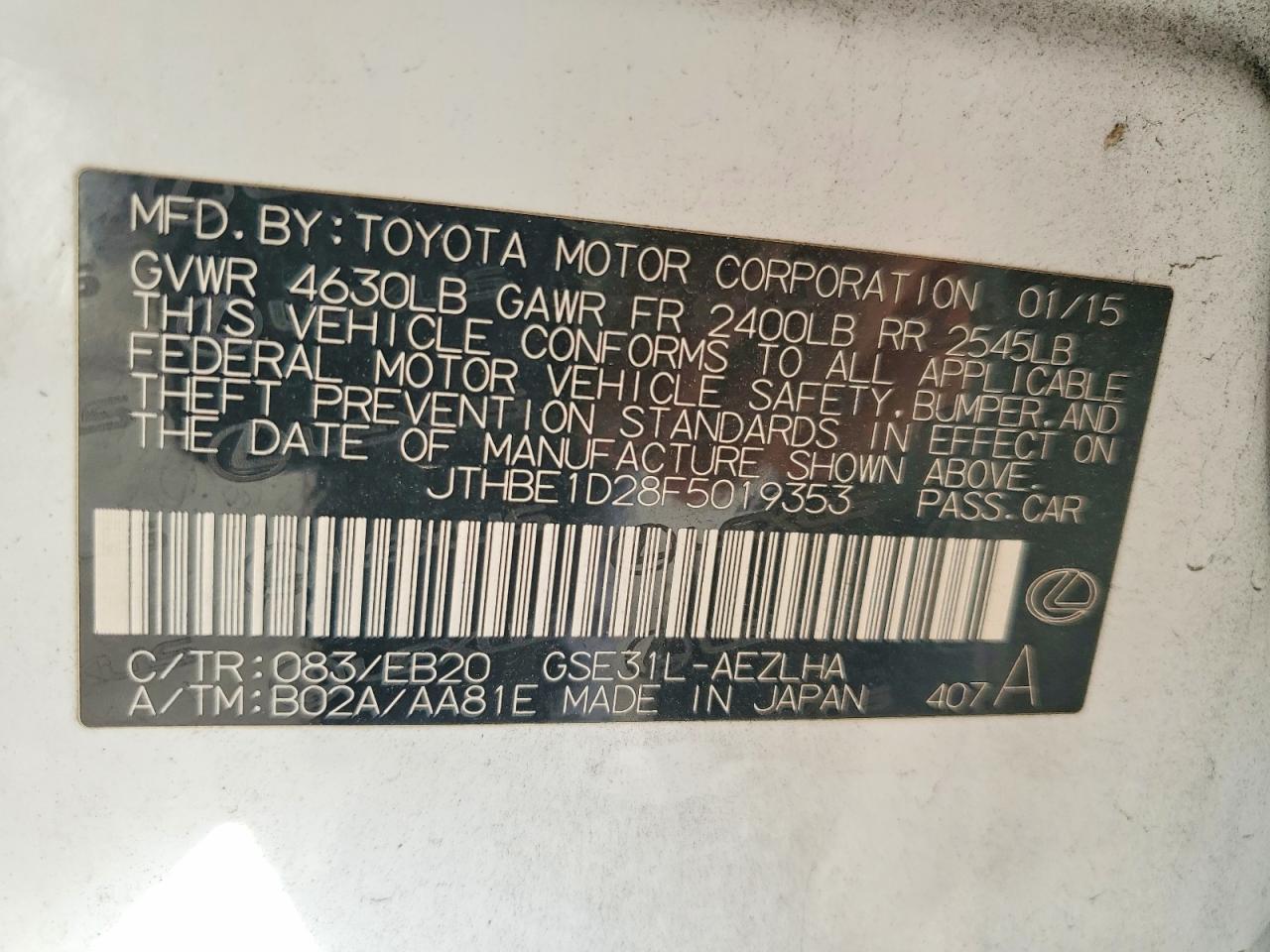 2015 Lexus Is 350 White vin: JTHBE1D28F5019353
