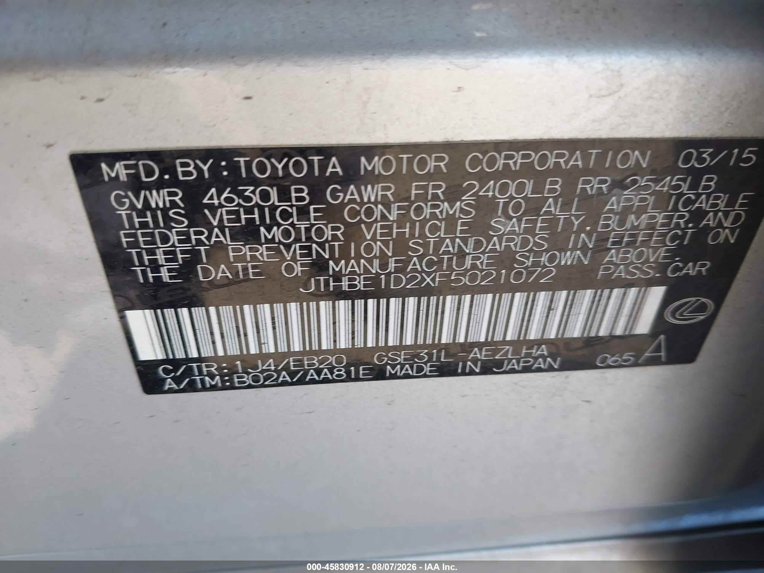 2015 Lexus Is 350   Gray vin: JTHBE1D2XF5021072