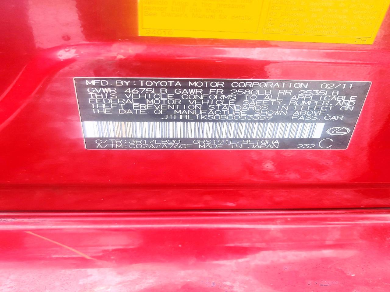 2011 Lexus Gs 350 Red vin: JTHBE1KS0B0053359