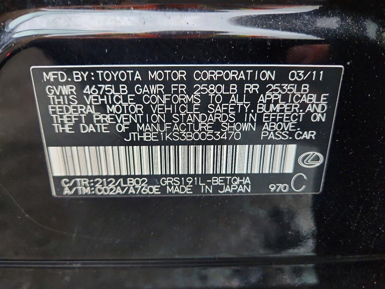 2011 Lexus Gs 350 Черный vin: JTHBE1KS3B0053470
