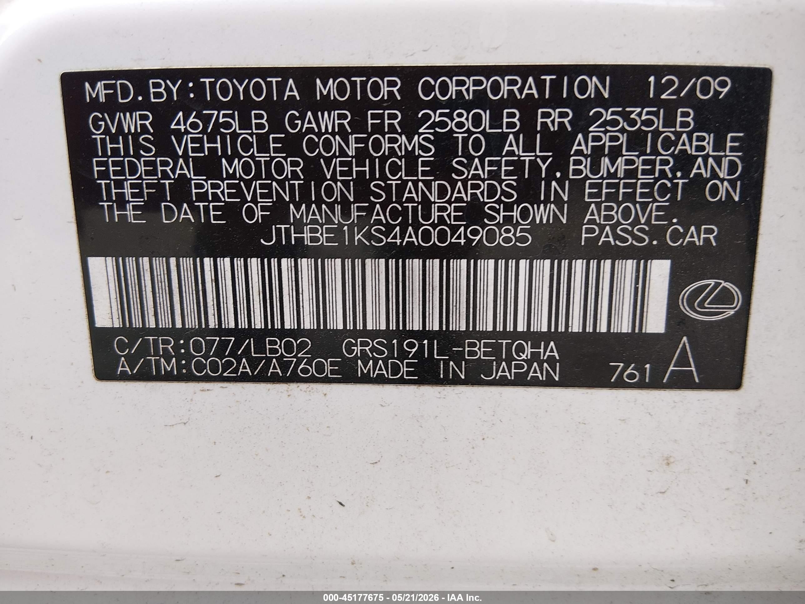2010 Lexus Gs 350 White vin: JTHBE1KS4A0049085