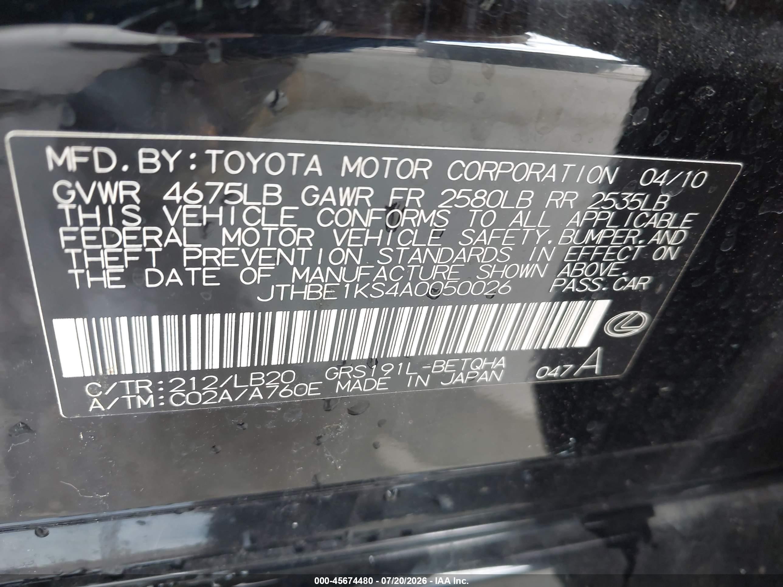 2010 Lexus Gs 350   Black vin: JTHBE1KS4A0050026