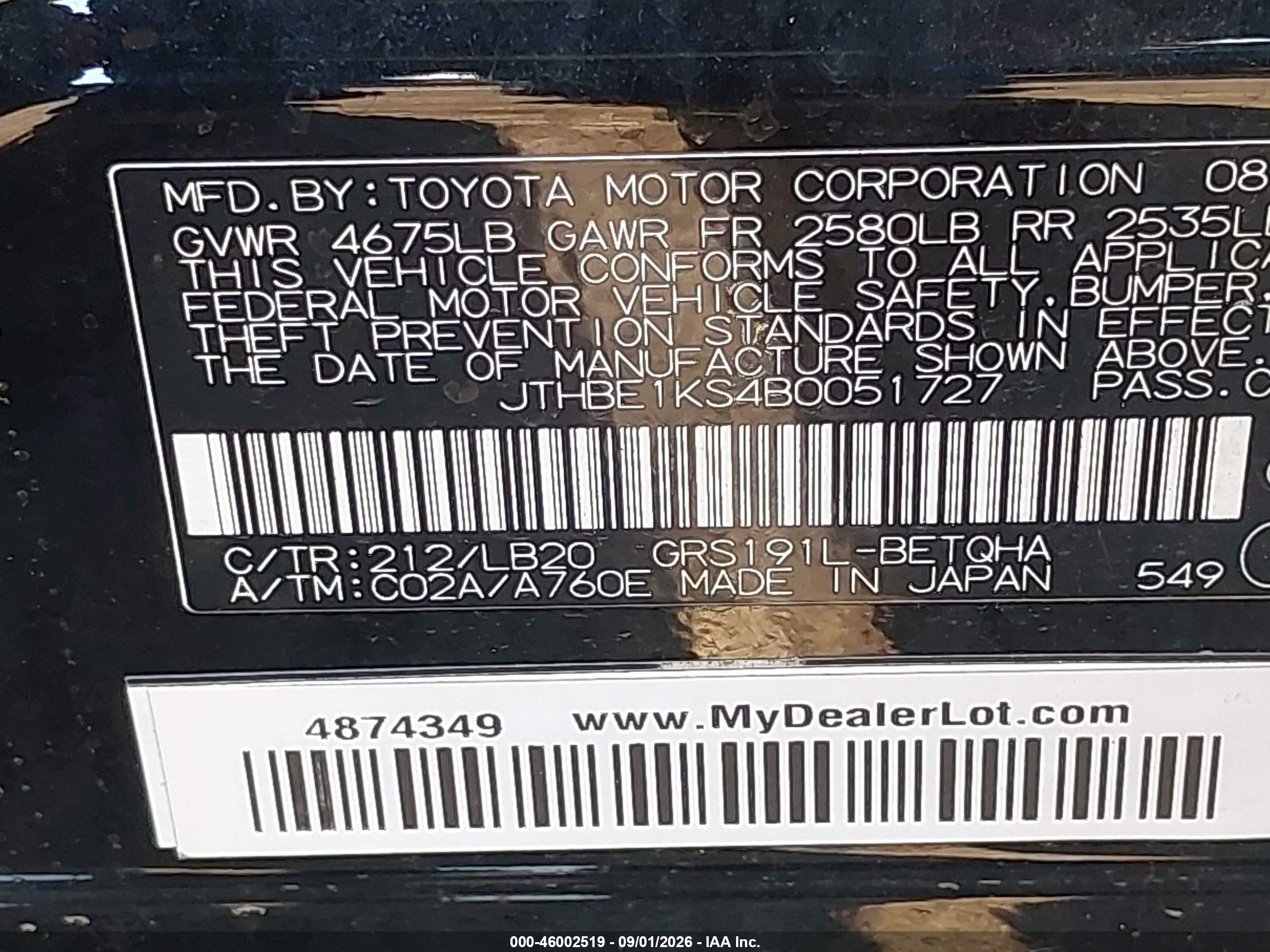 2011 Lexus Gs 350 Black vin: JTHBE1KS4B0051727