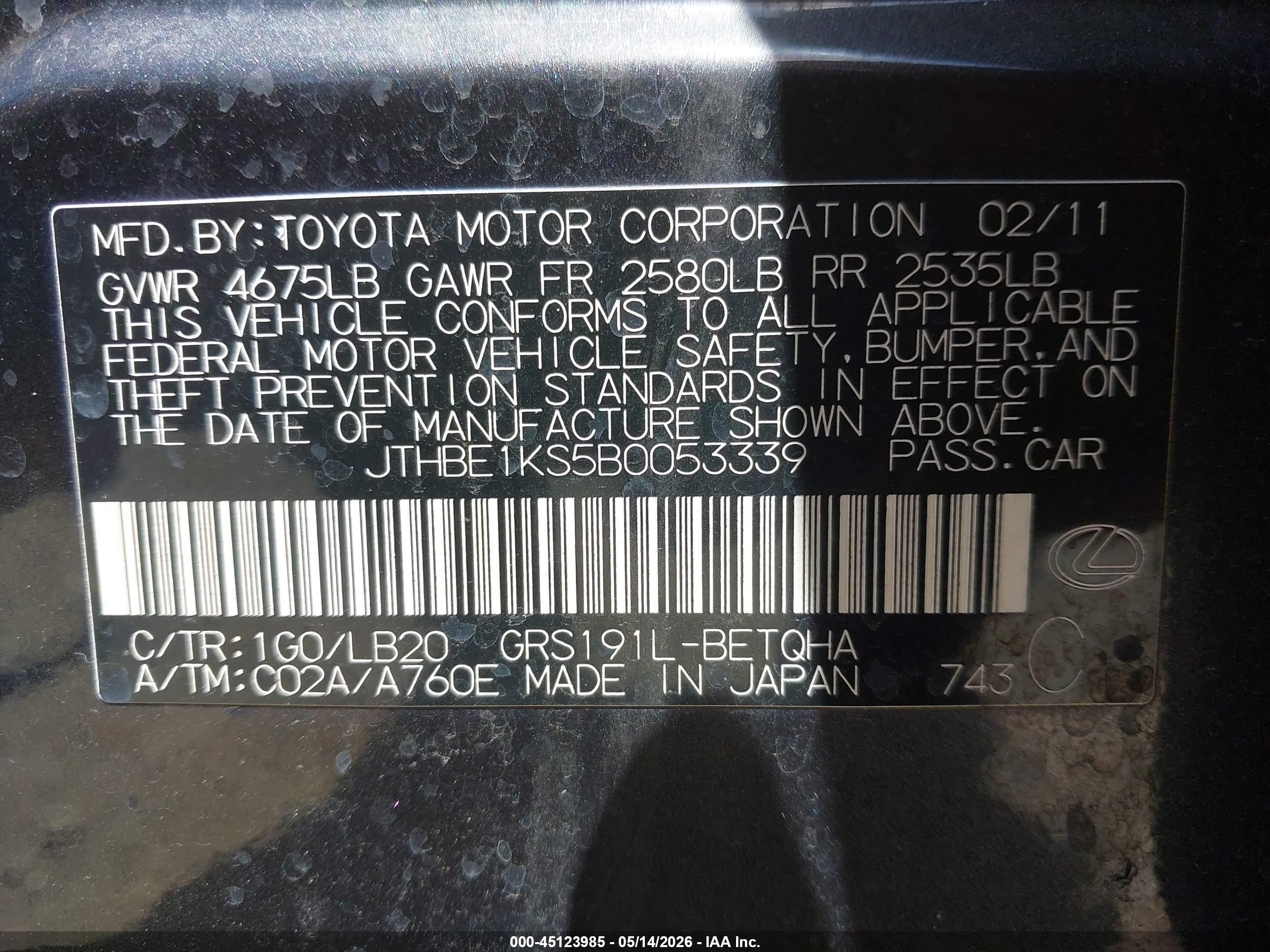 2011 Lexus Gs 350   Черный vin: JTHBE1KS5B0053339