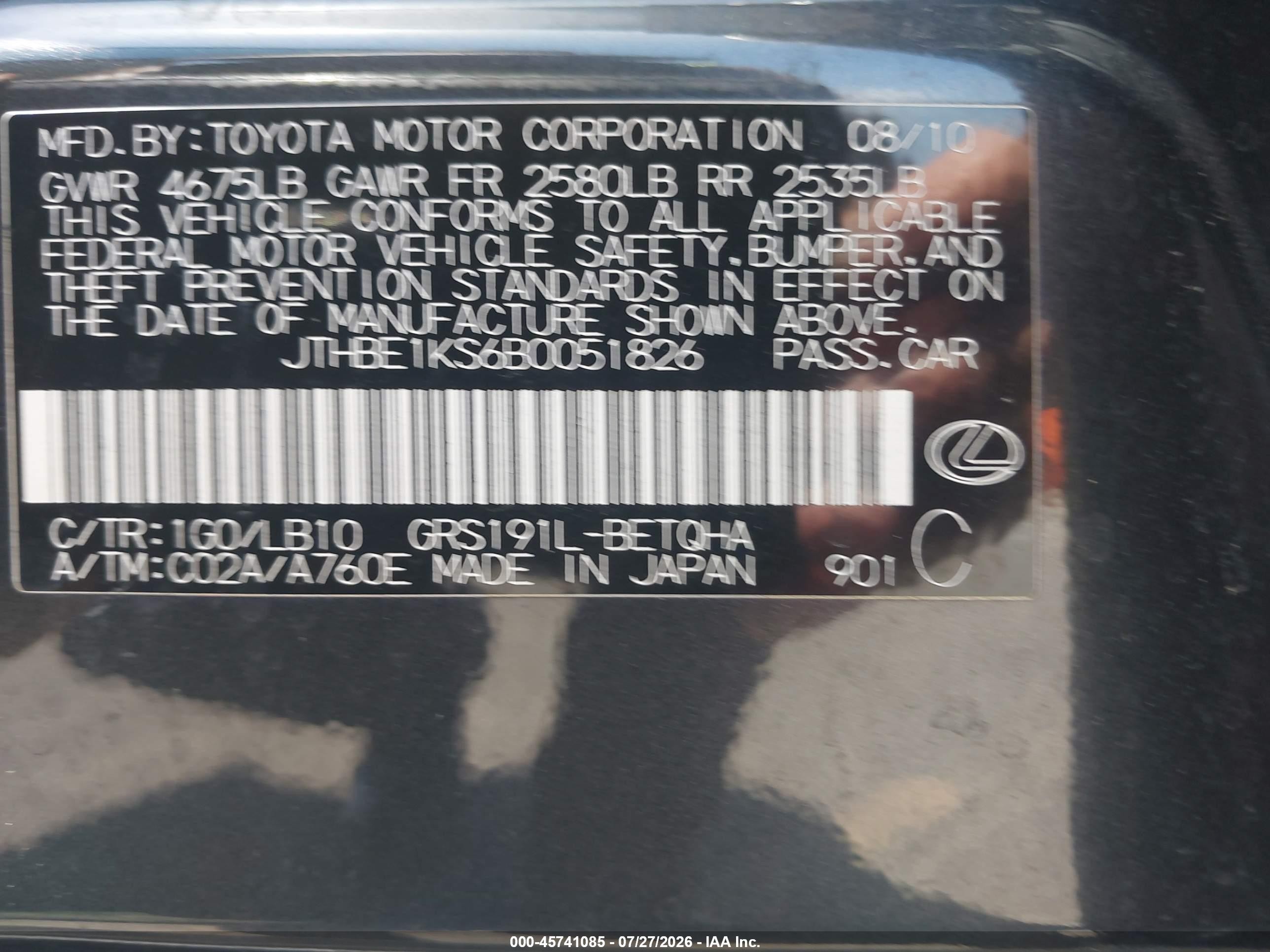 2011 Lexus Gs 350   Gray vin: JTHBE1KS6B0051826