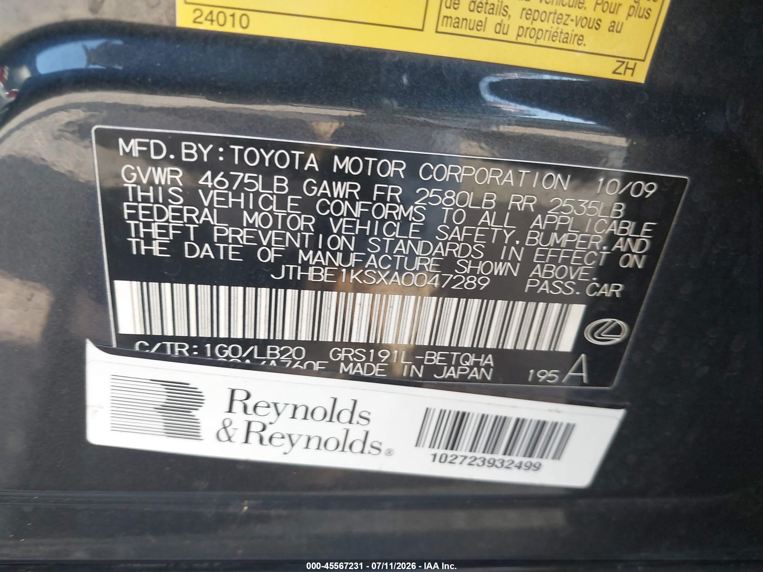 2010 Lexus Gs 350   Gray vin: JTHBE1KSXA0047289