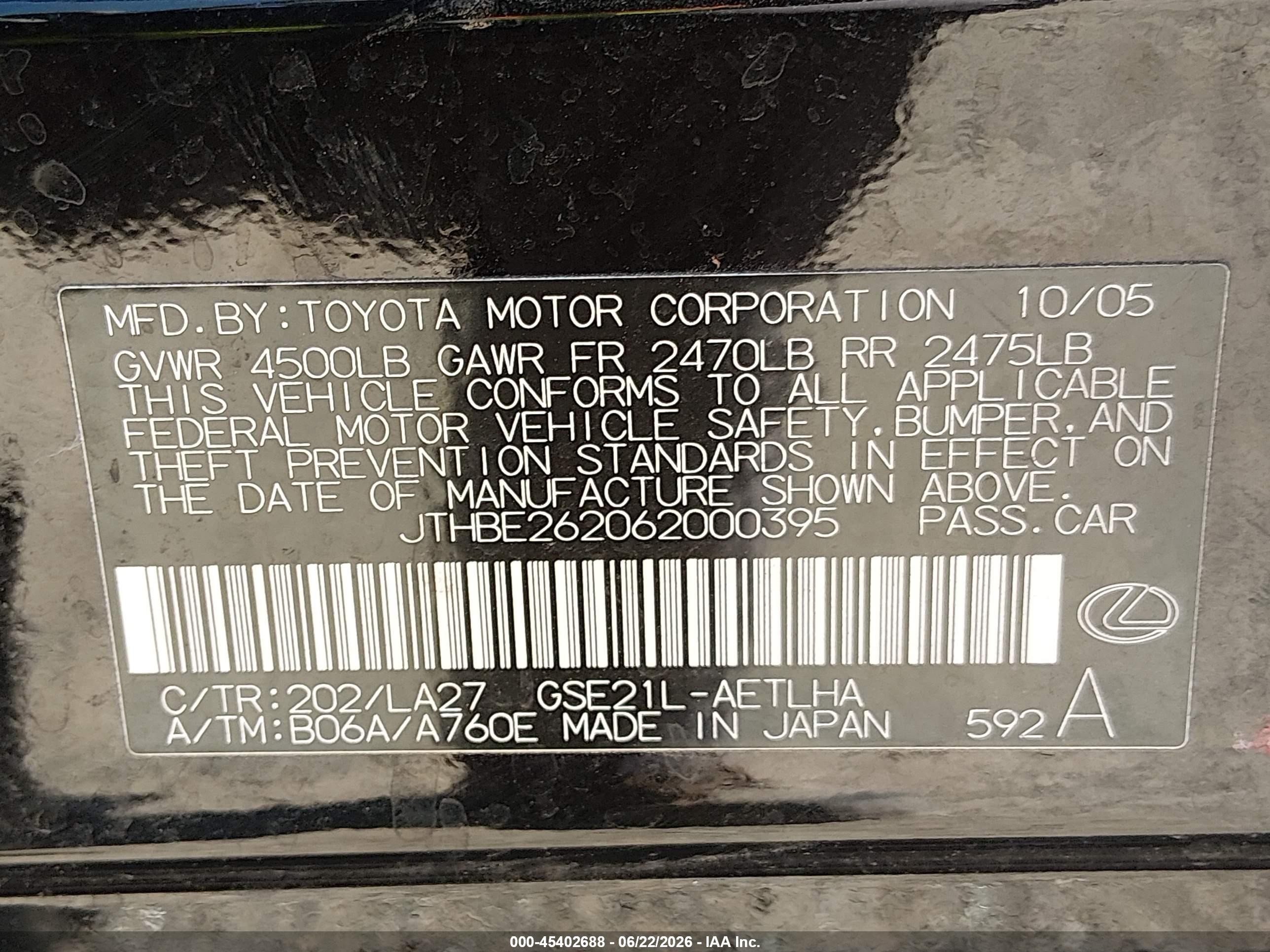 2006 Lexus Is 350 Черный vin: JTHBE262062000395