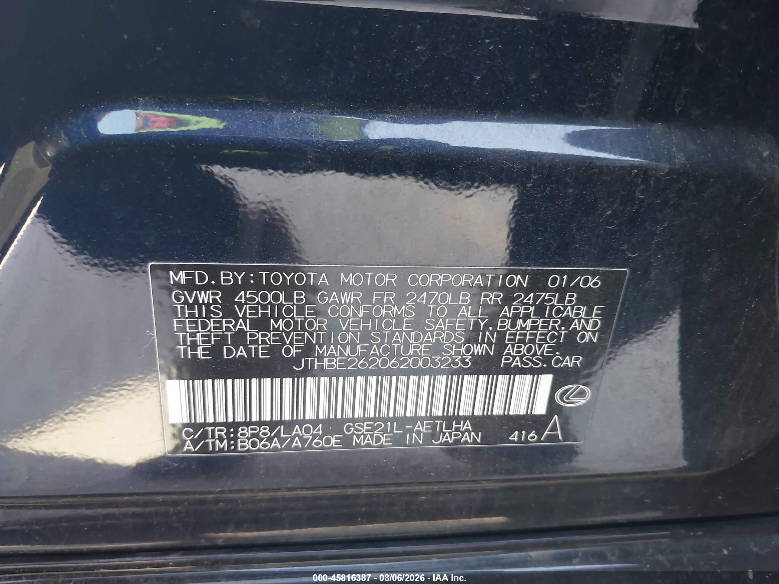 2006 Lexus Is 350   Синий vin: JTHBE262062003233