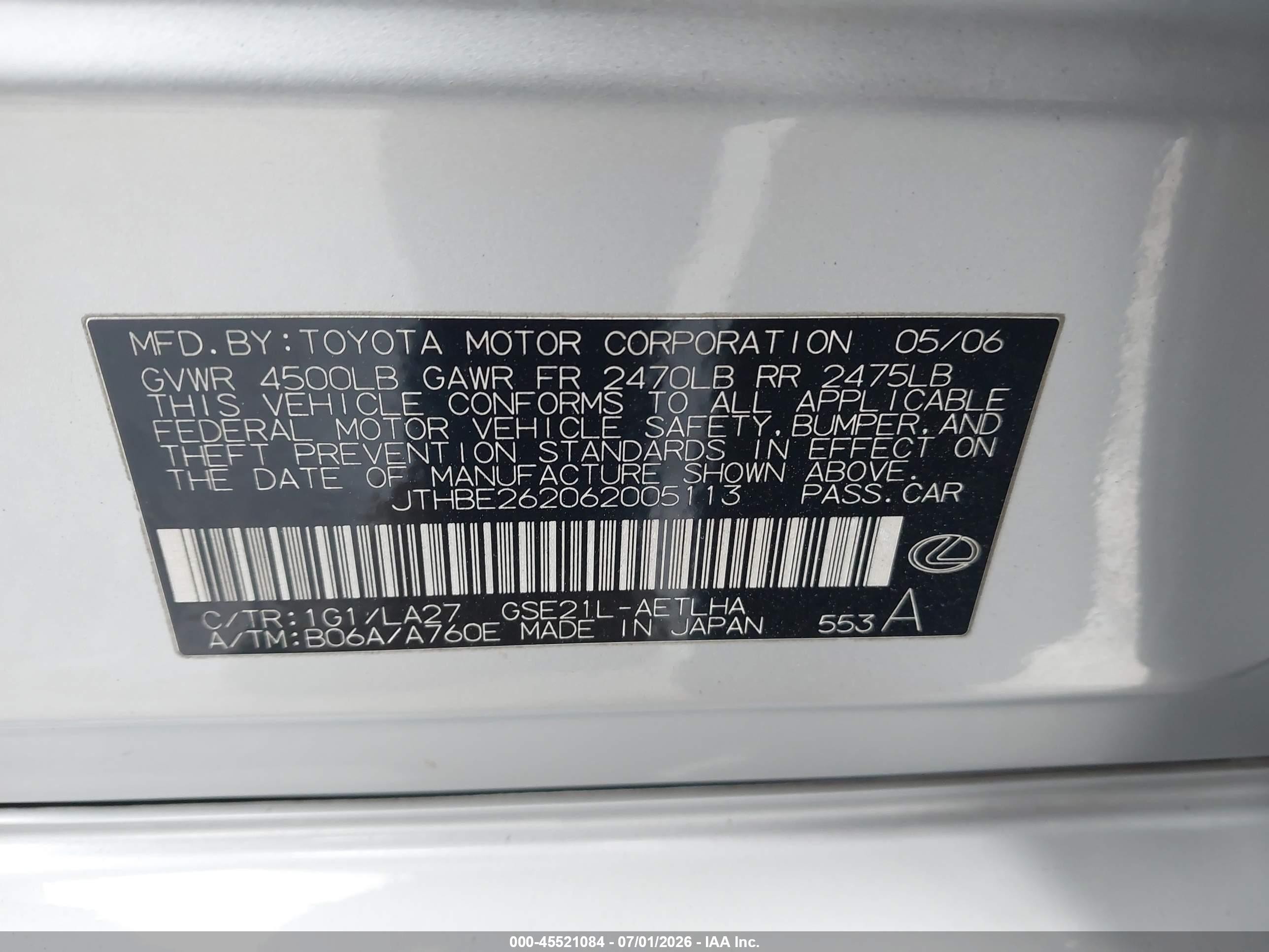 2006 Lexus Is 350   Silver vin: JTHBE262062005113