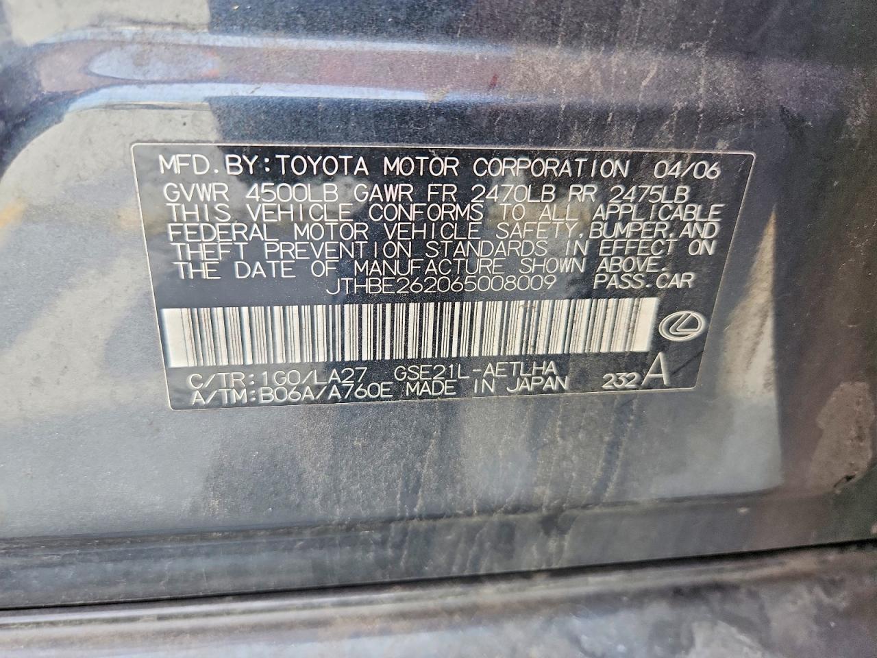2006 Lexus Is 350 Charcoal vin: JTHBE262065008009