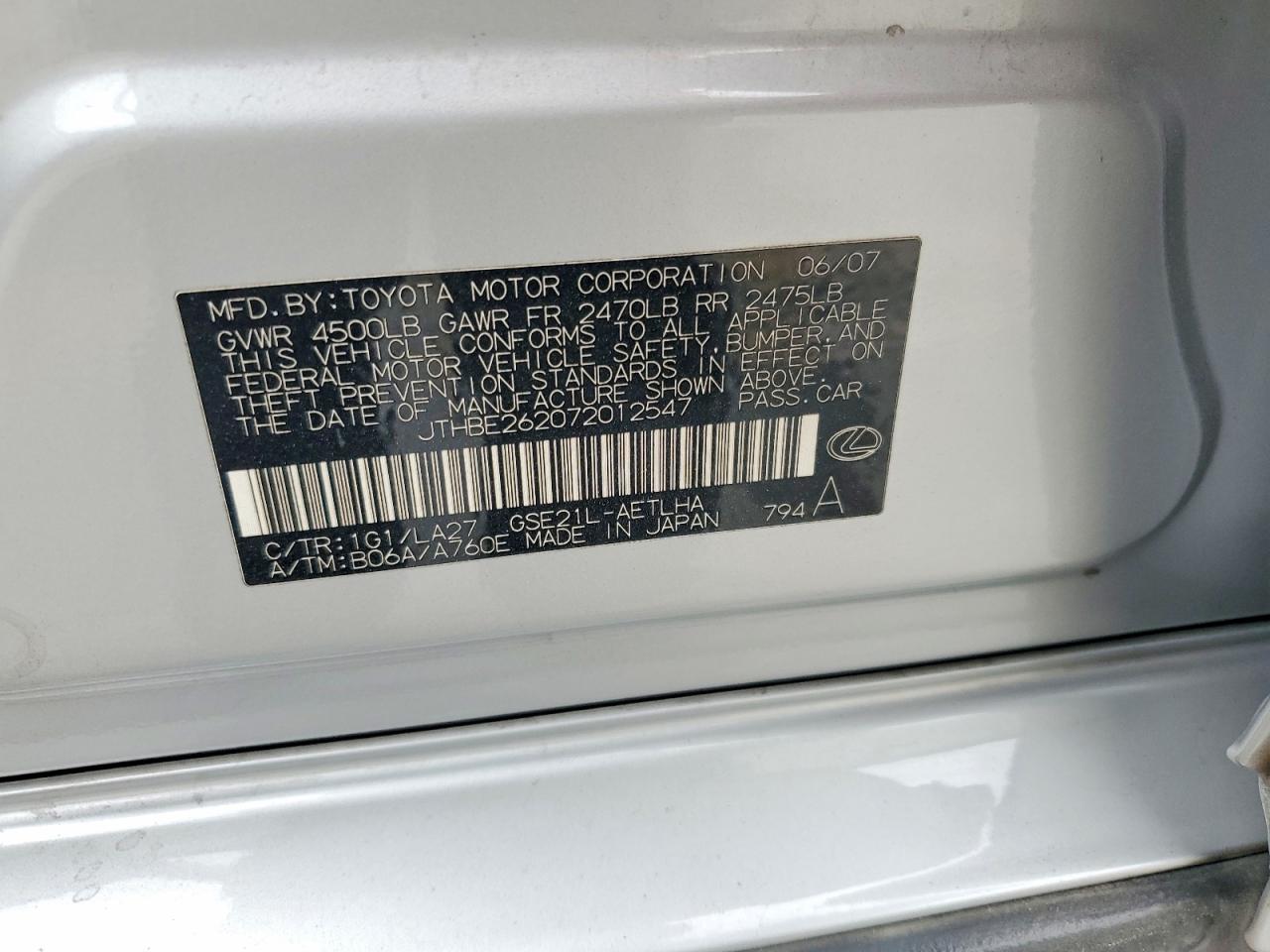 2007 Lexus Is 350 Silver vin: JTHBE262072012547