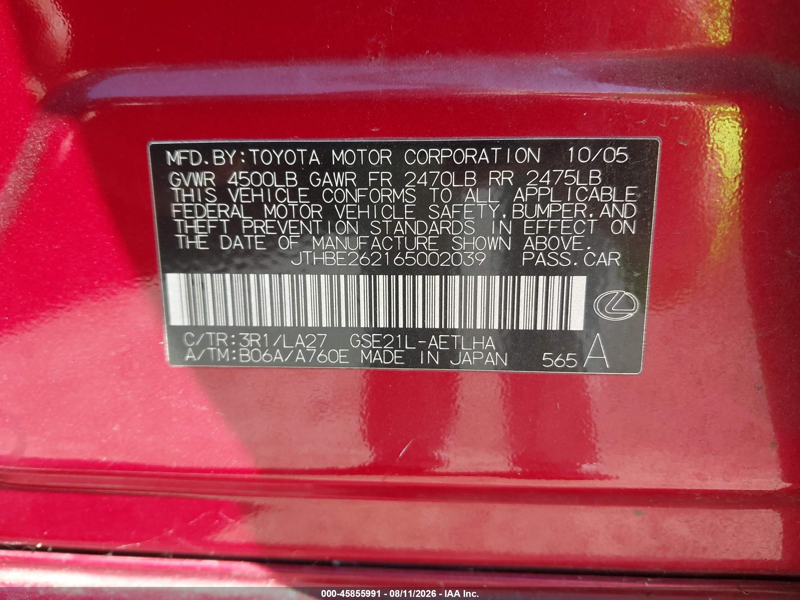 2006 Lexus Is 350   Red vin: JTHBE262165002039