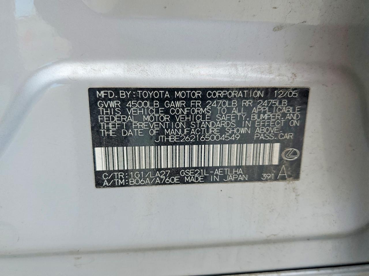 2006 Lexus Is 350 Silver vin: JTHBE262165004549