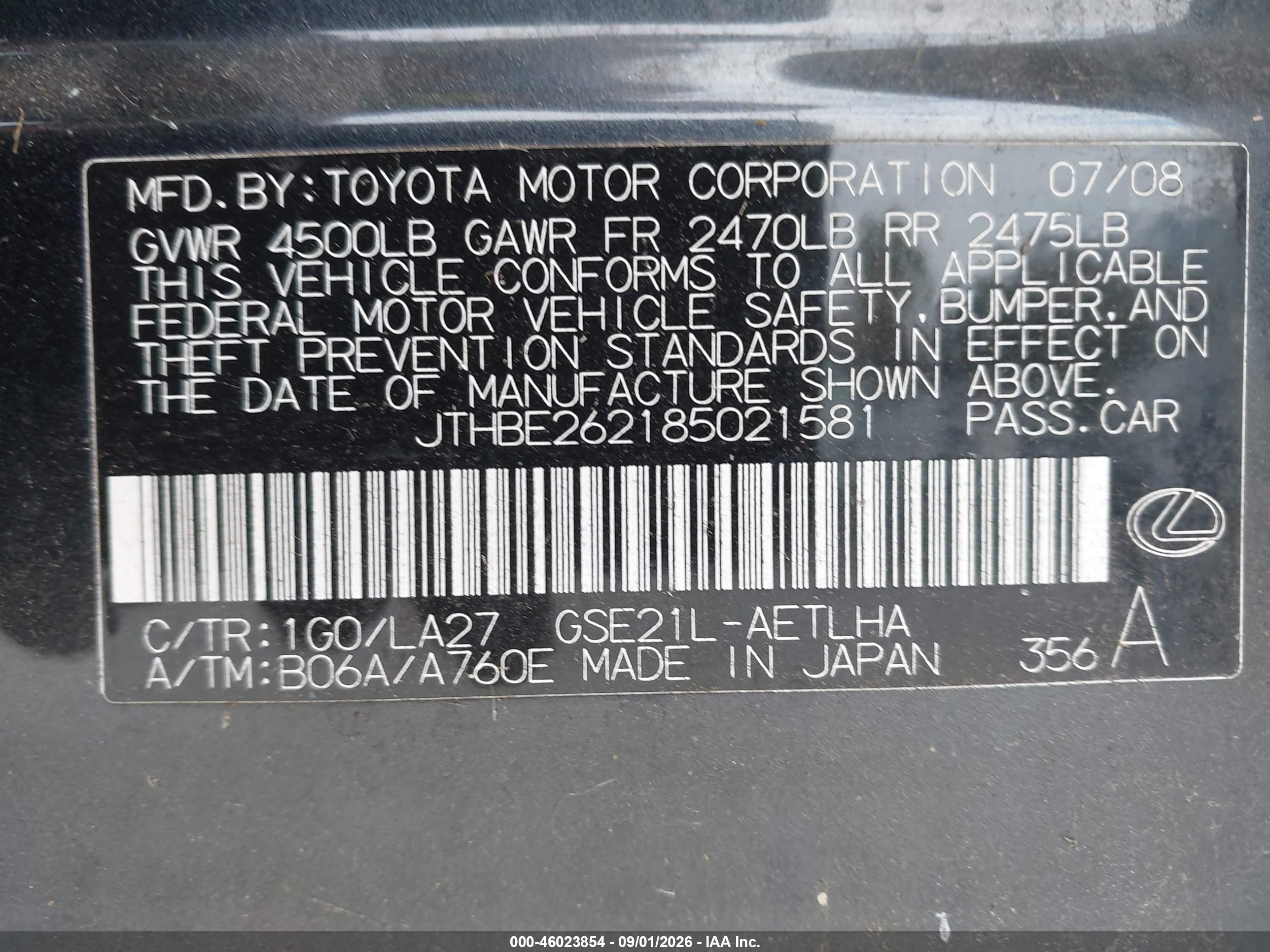 2008 Lexus Is 350   Black vin: JTHBE262185021581