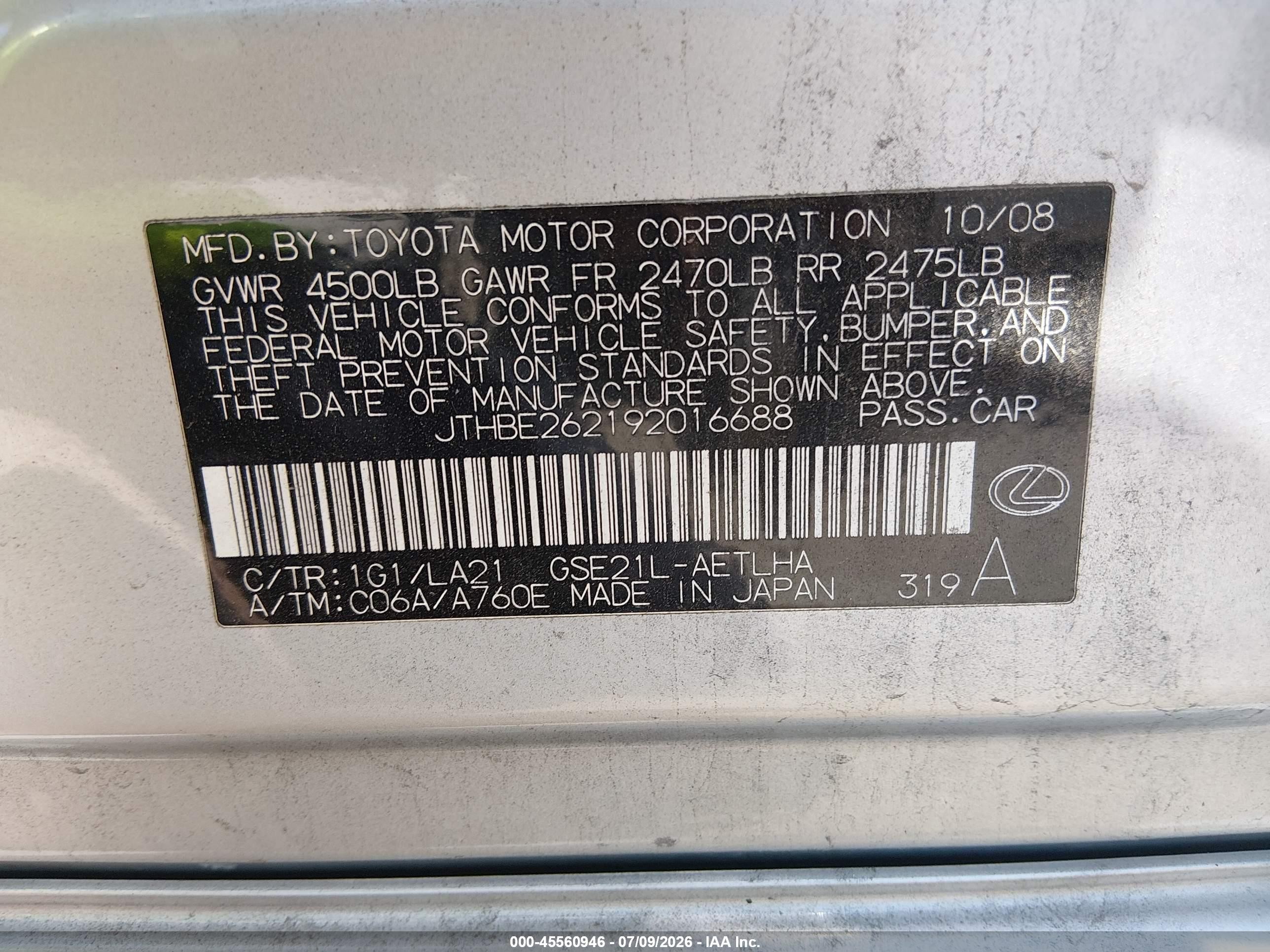 2009 Lexus Is 350   Silver vin: JTHBE262192016688