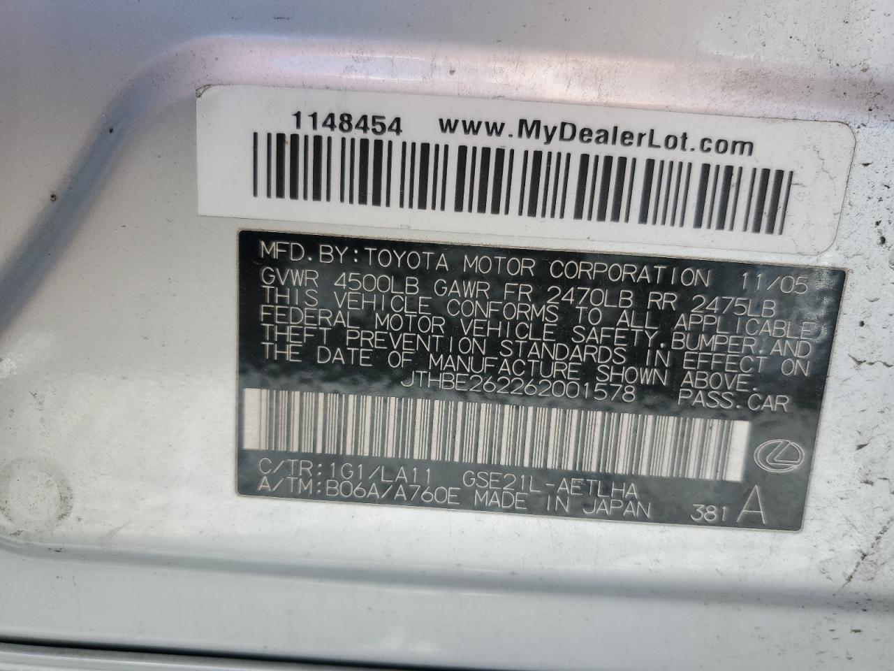 2006 Lexus Is 350 Silver vin: JTHBE262262001578