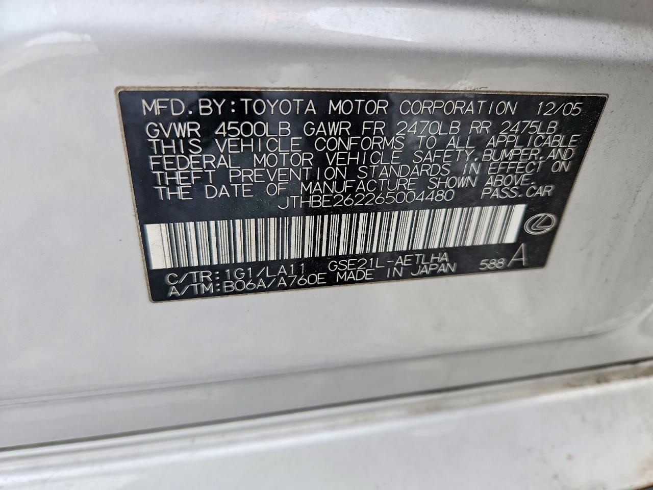 2006 Lexus Is 350 Серебряный vin: JTHBE262265004480