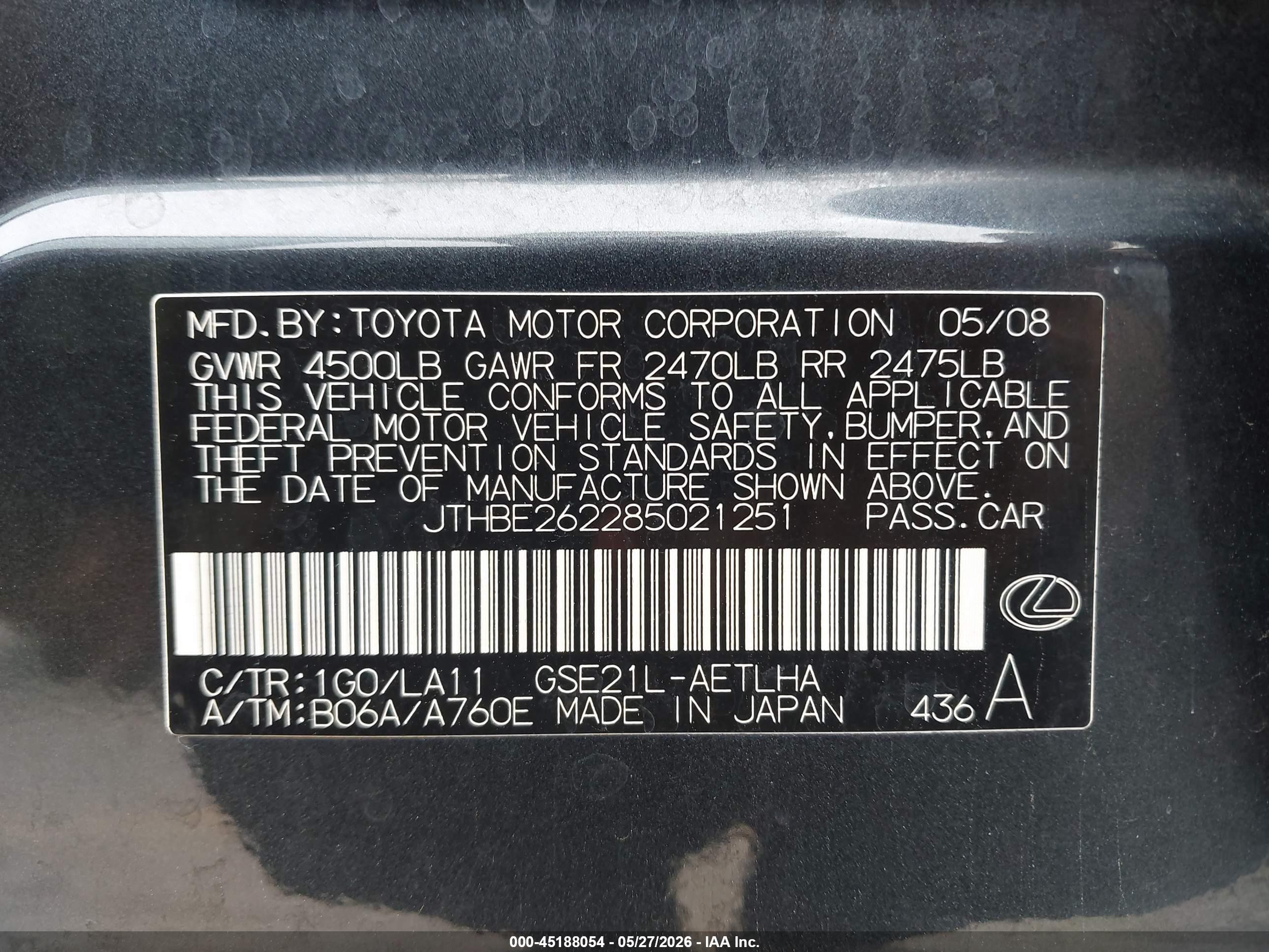 2008 Lexus Is 350   Gray vin: JTHBE262285021251