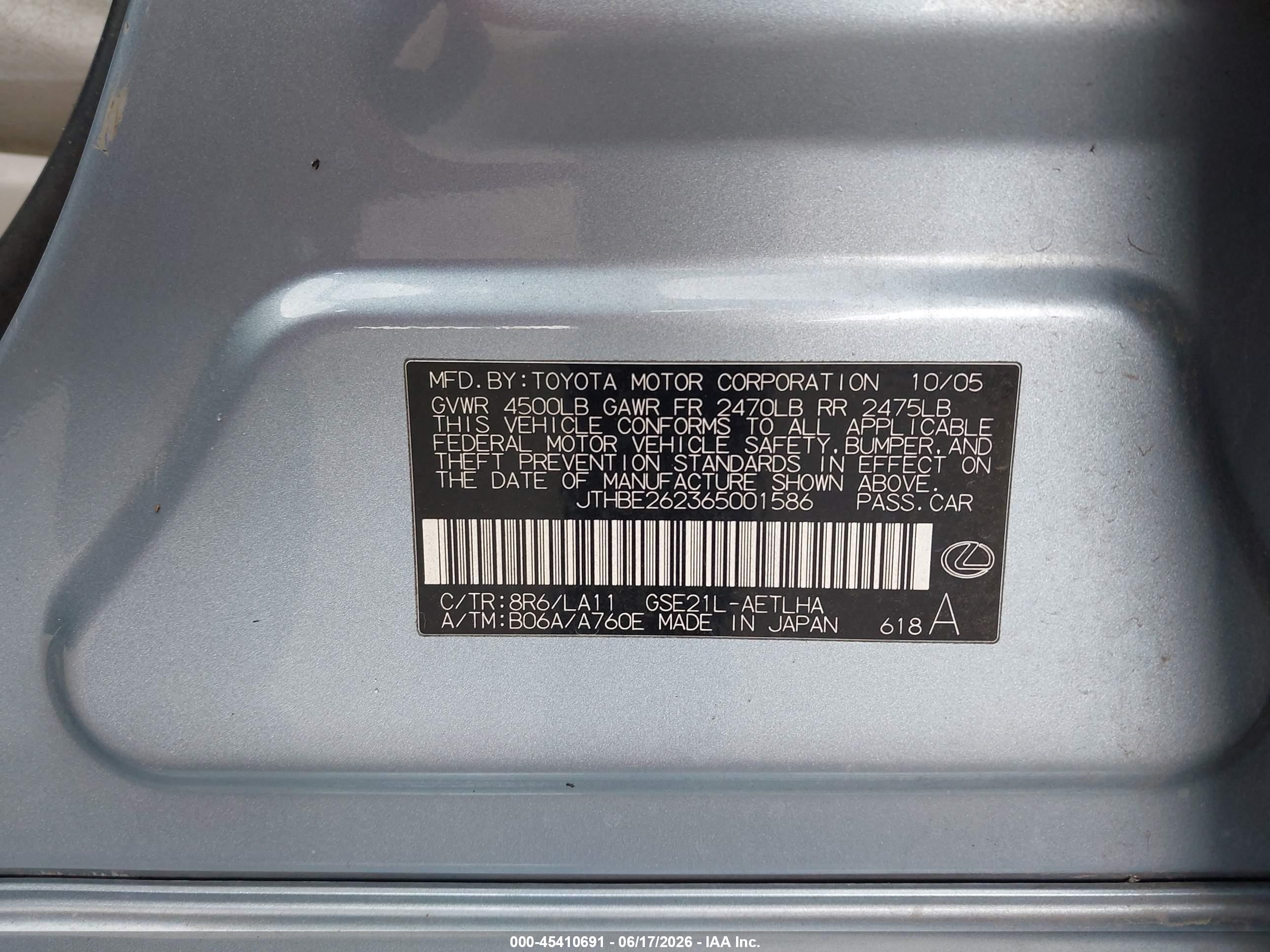 2006 Lexus Is 350   Silver vin: JTHBE262365001586