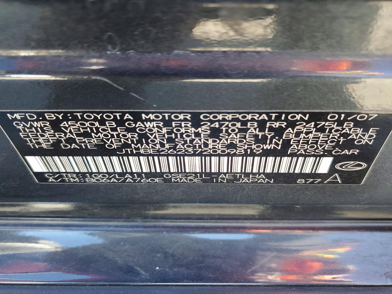 2007 Lexus Is 350 Black vin: JTHBE262372009819