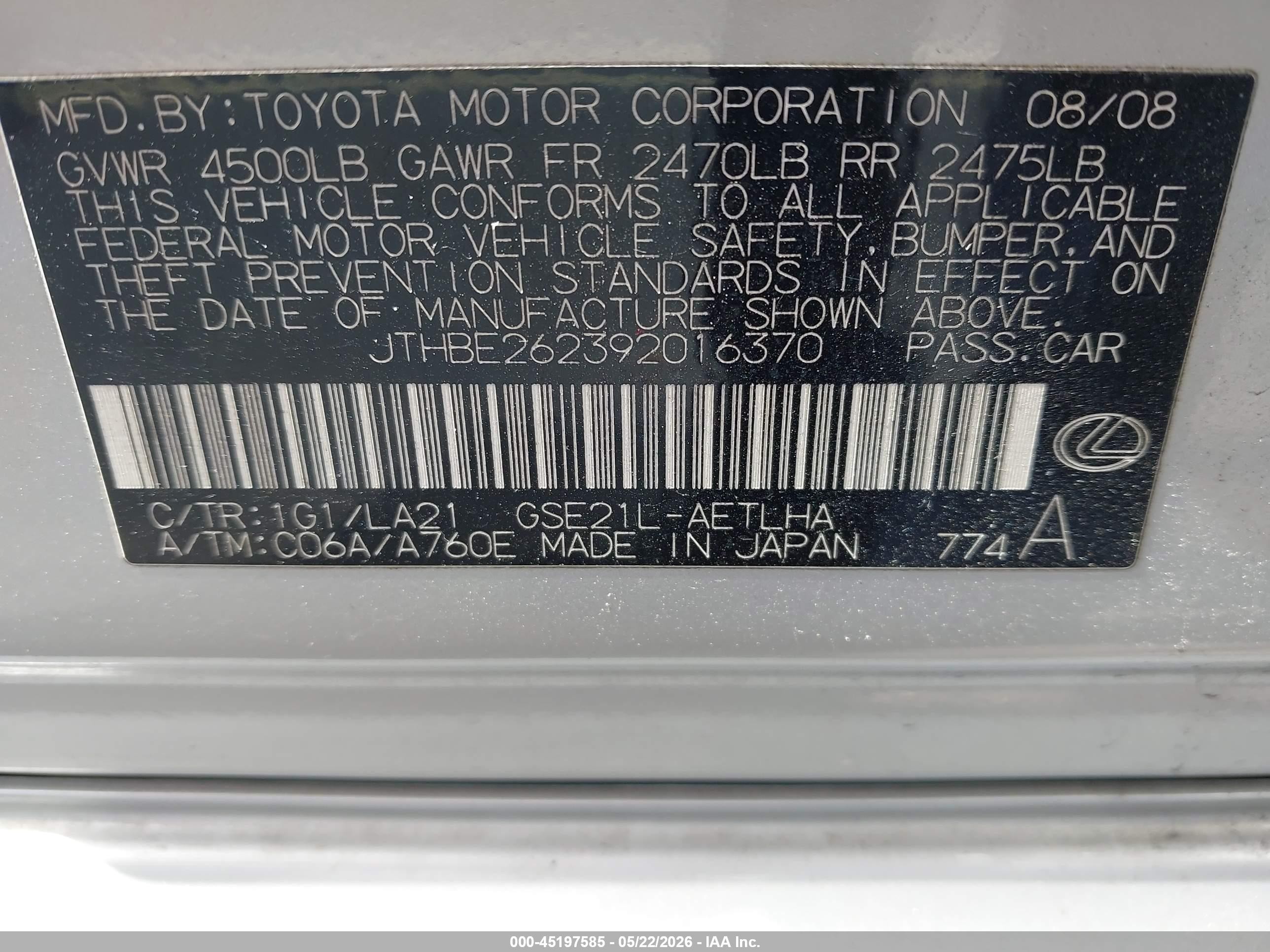 2009 Lexus Is 350   Silver vin: JTHBE262392016370