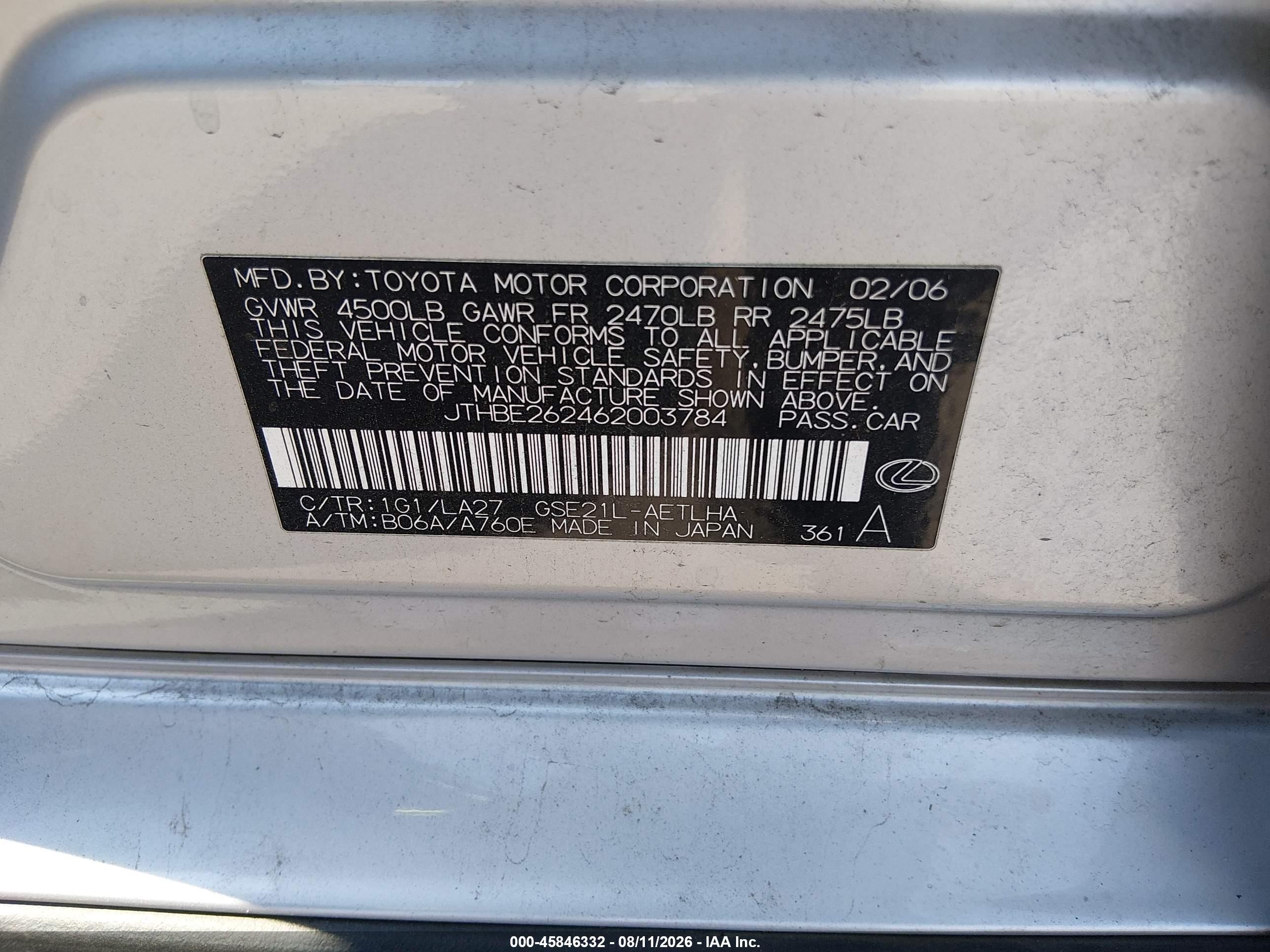 2006 Lexus Is 350   Silver vin: JTHBE262462003784