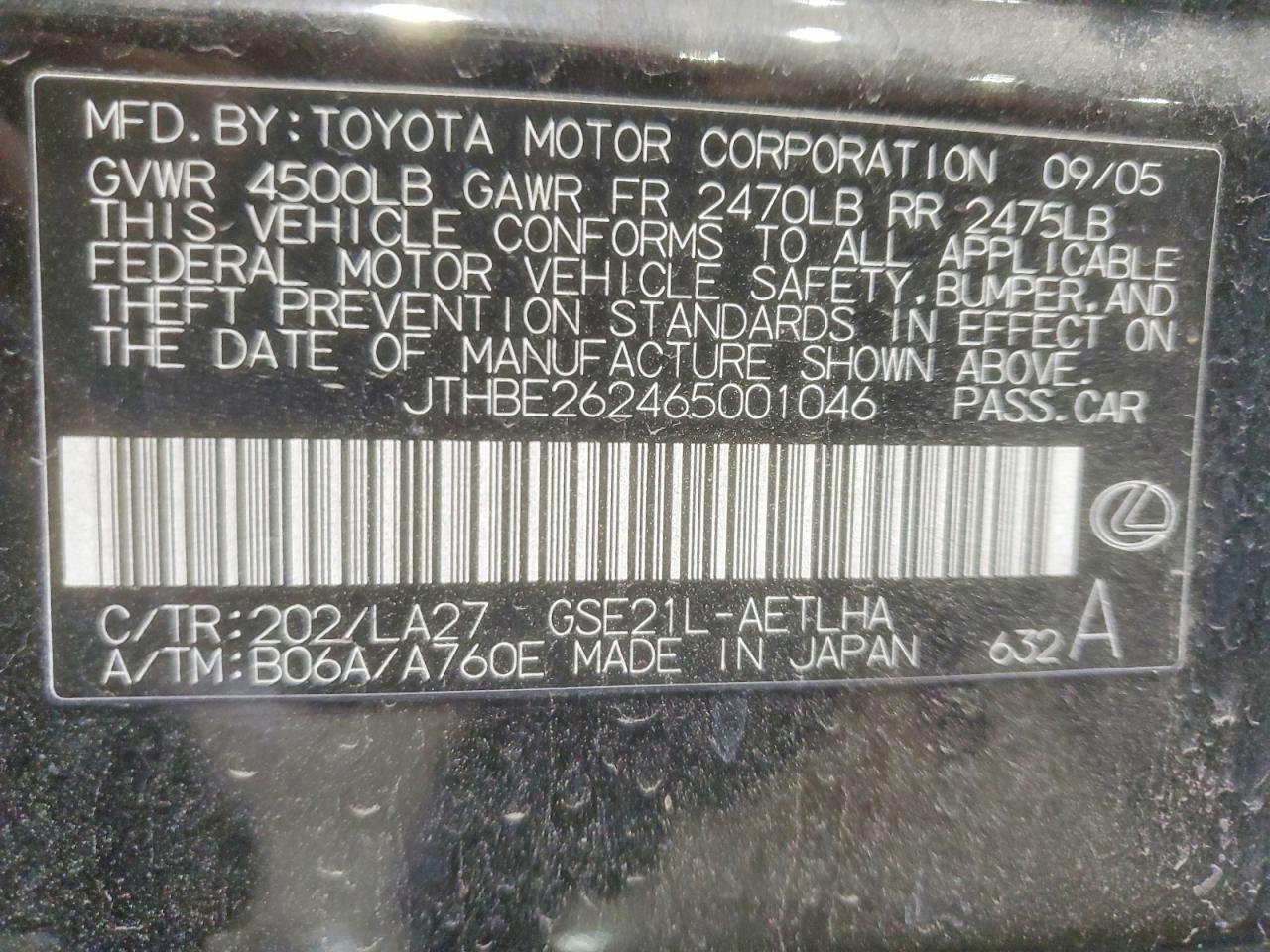 2006 Lexus Is 350 Black vin: JTHBE262465001046