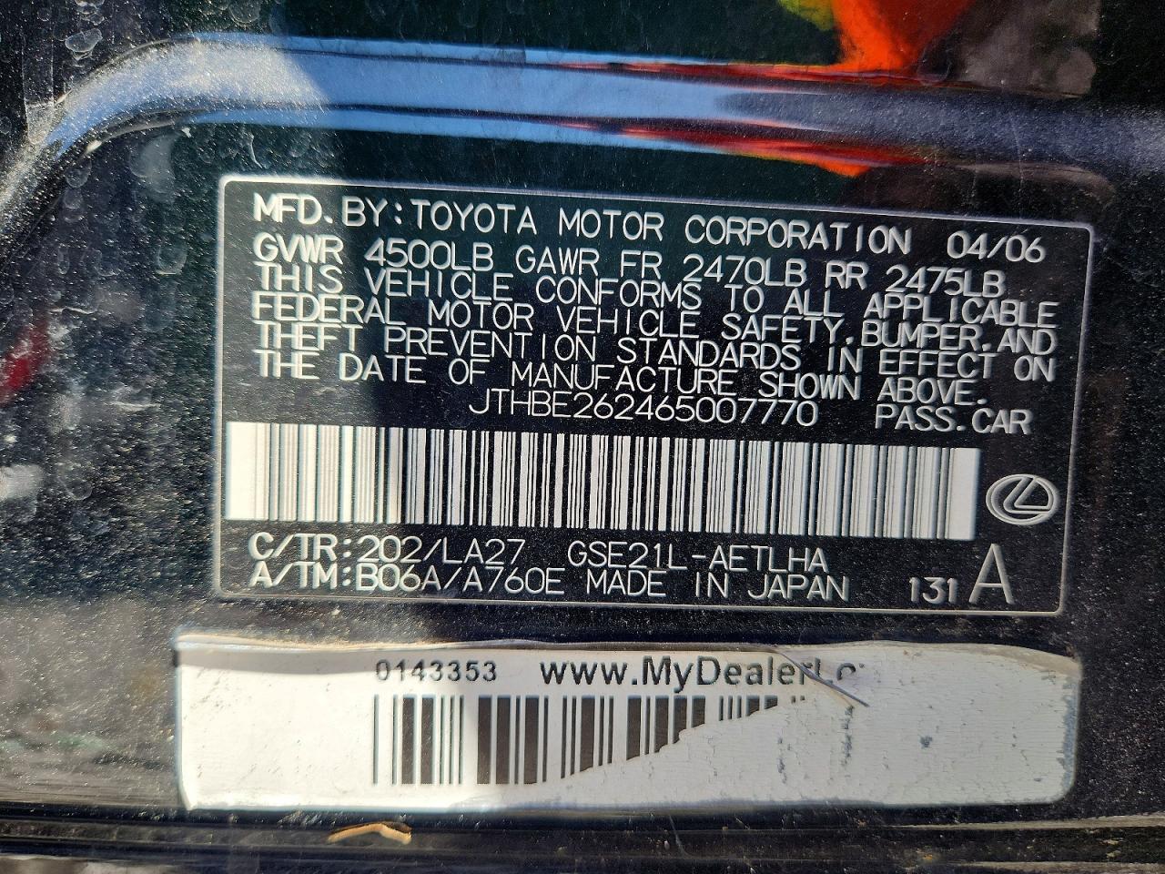 2006 Lexus Is 350 Black vin: JTHBE262465007770