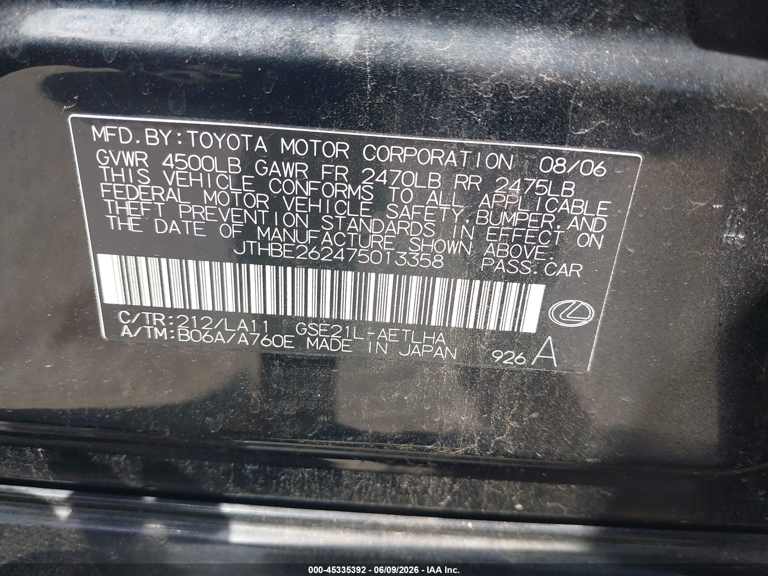 2007 Lexus Is 350 Black vin: JTHBE262475013358
