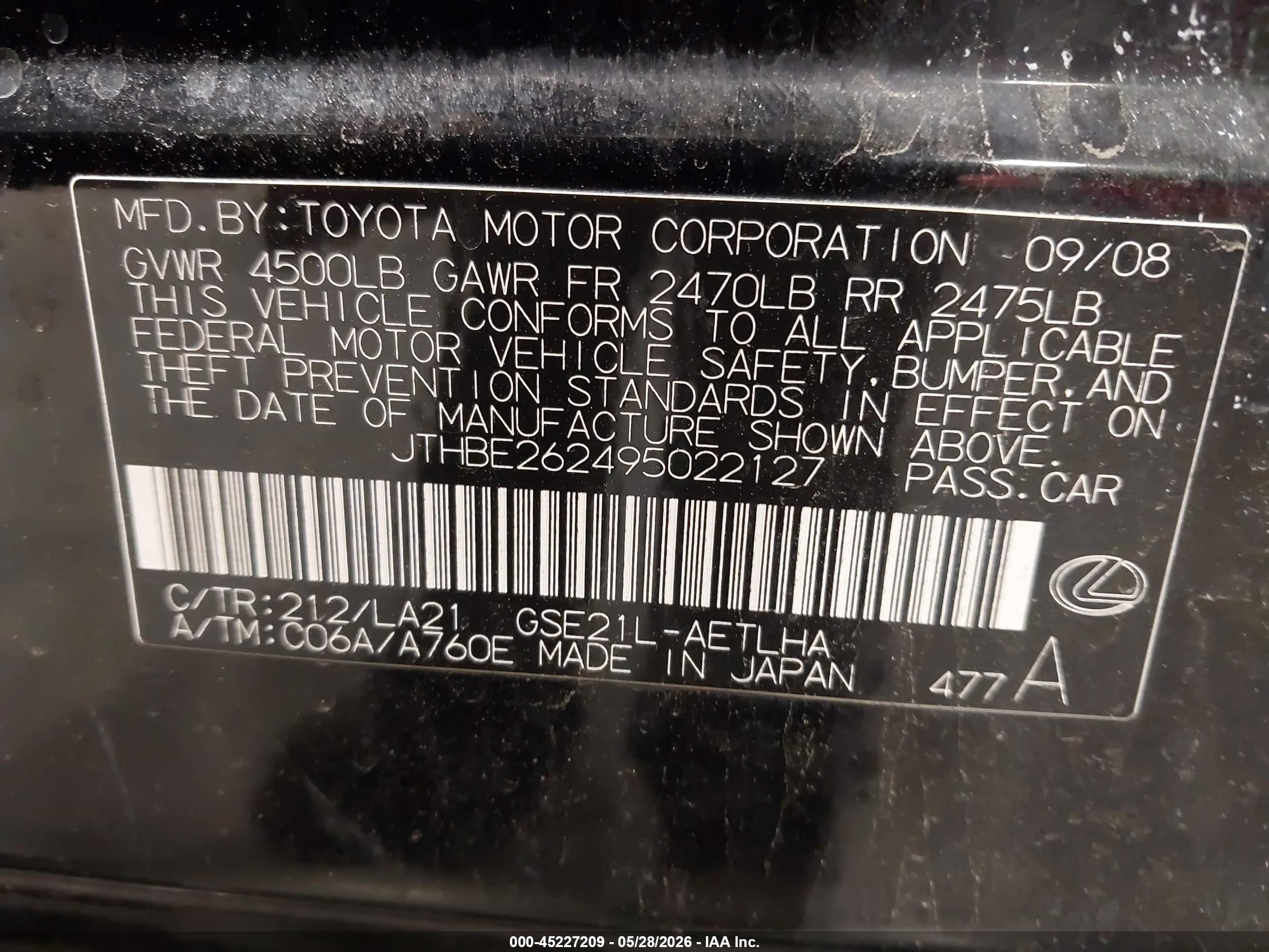 2009 Lexus Is 350 Black vin: JTHBE262495022127
