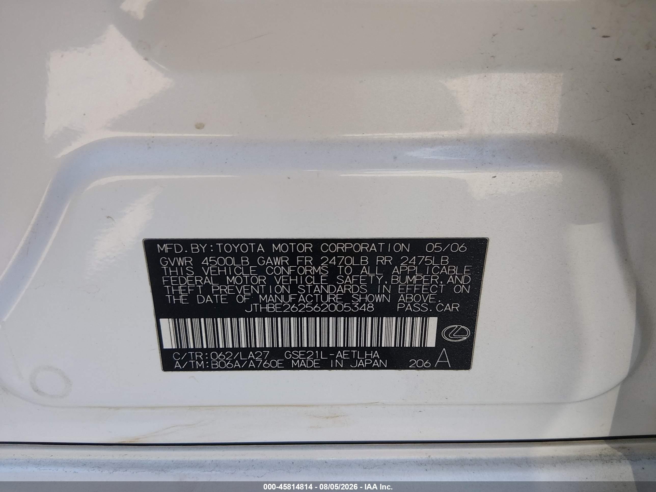 2006 Lexus Is 350   White vin: JTHBE262562005348