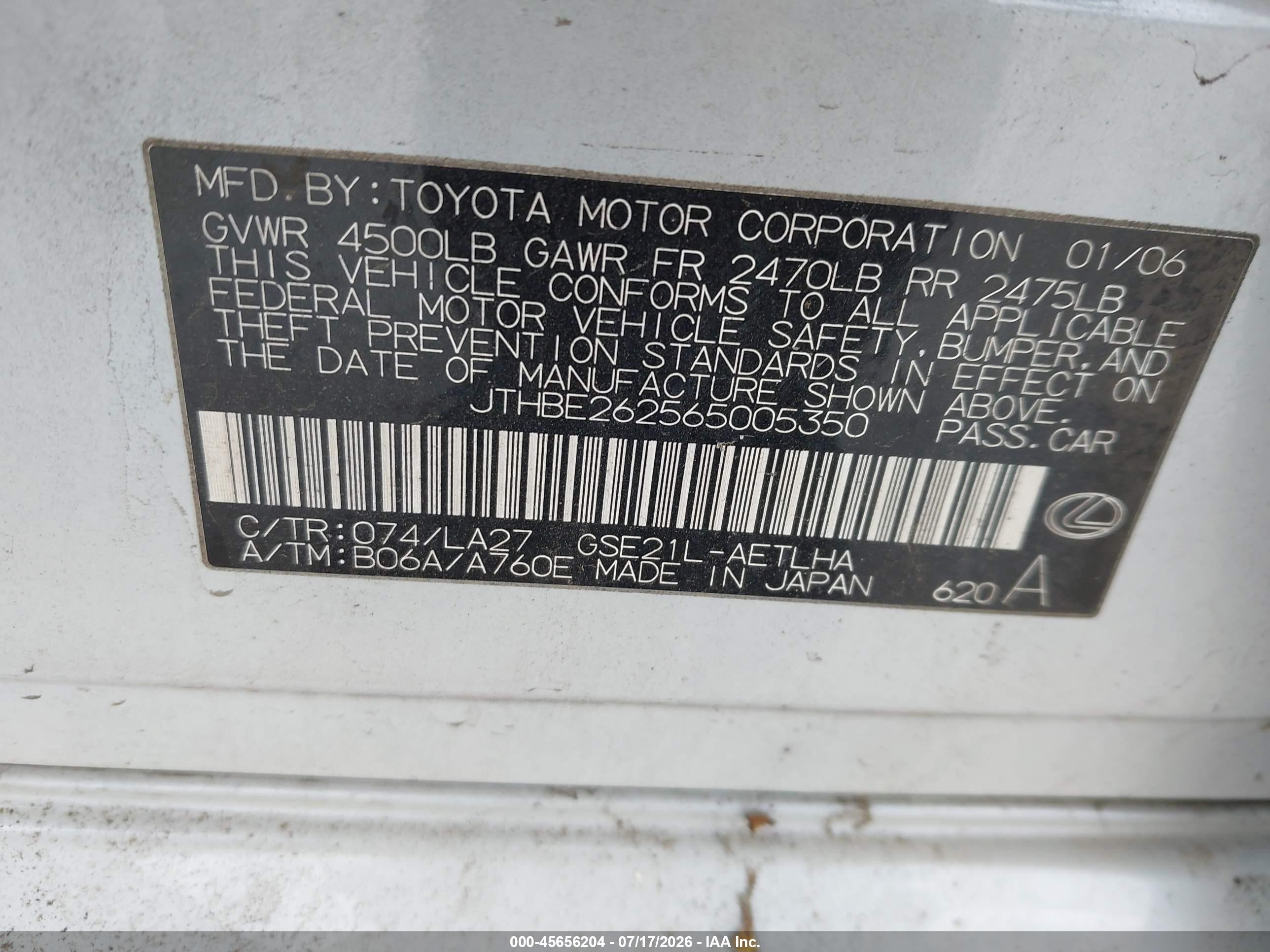 2006 Lexus Is 350 Белый vin: JTHBE262565005350