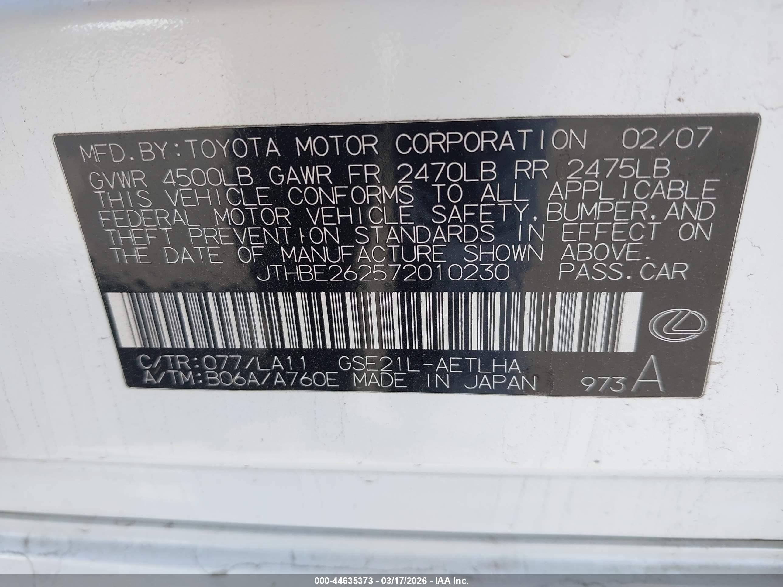 2007 Lexus Is 350   White vin: JTHBE262572010230