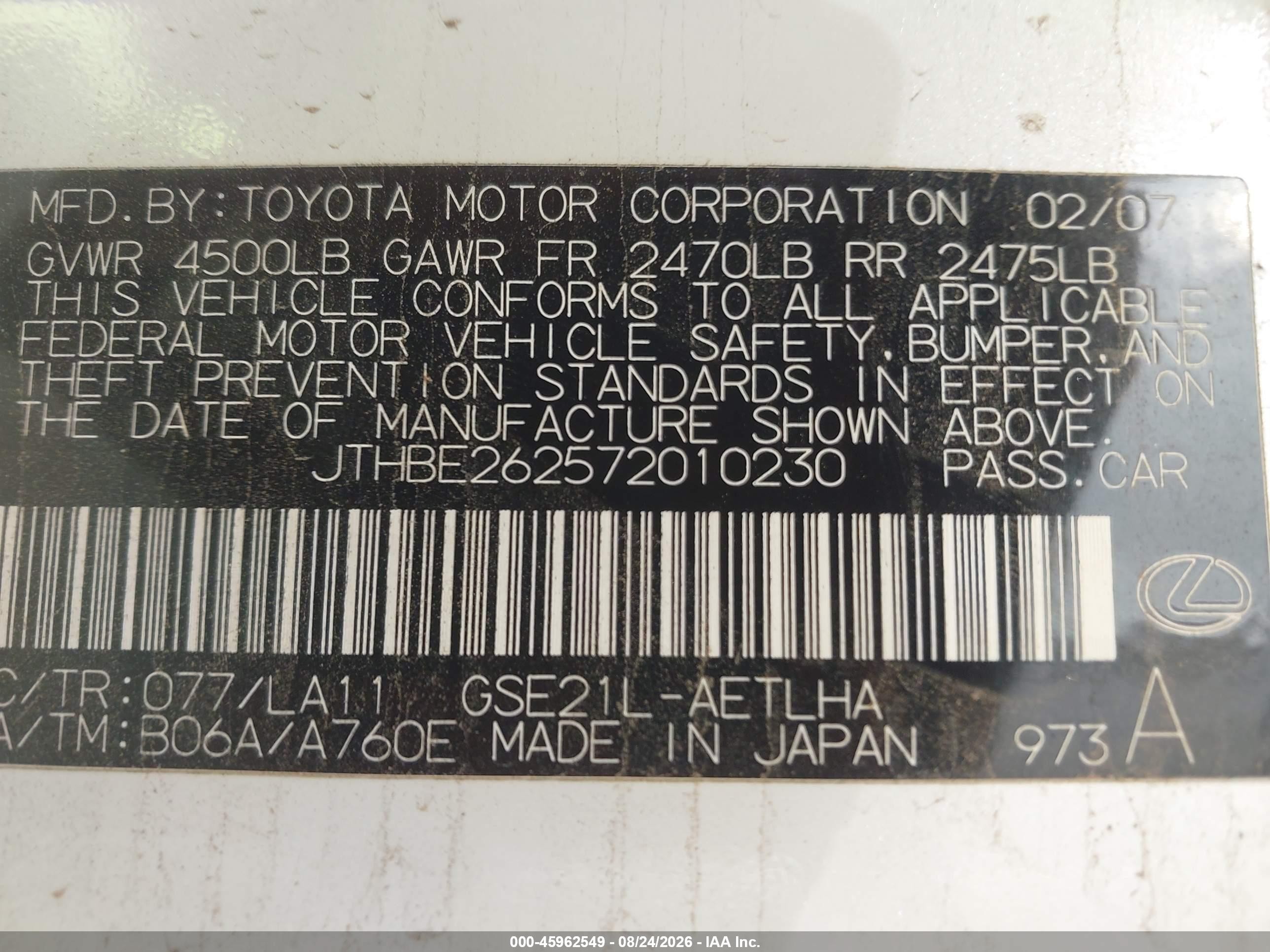 2007 Lexus Is 350   White vin: JTHBE262572010230