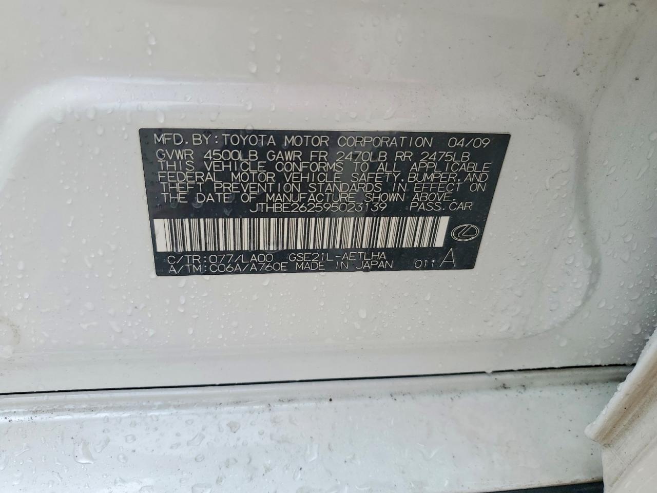 2009 Lexus Is 350 White vin: JTHBE262595023139