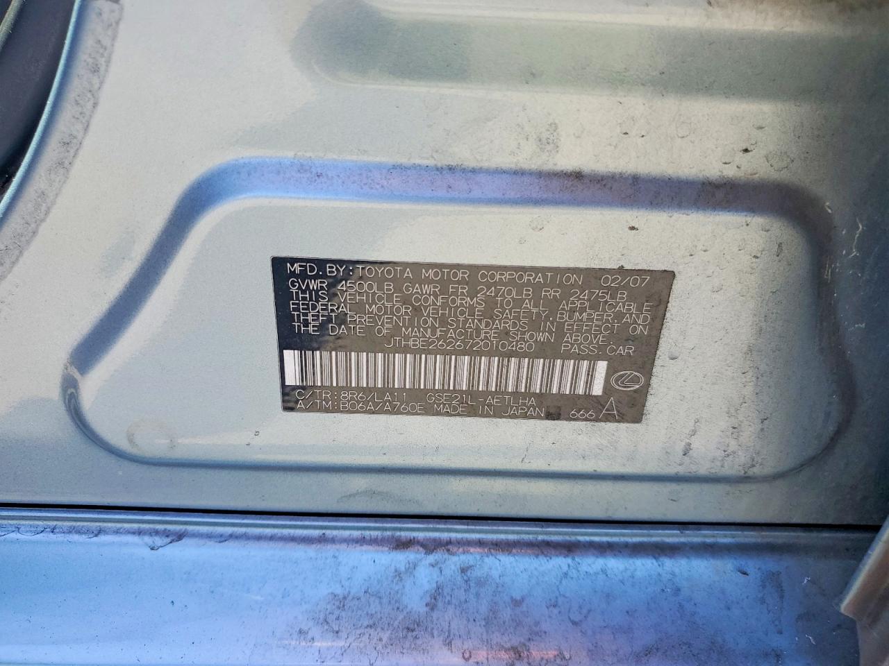 2007 Lexus Is 350 Blue vin: JTHBE262672010480