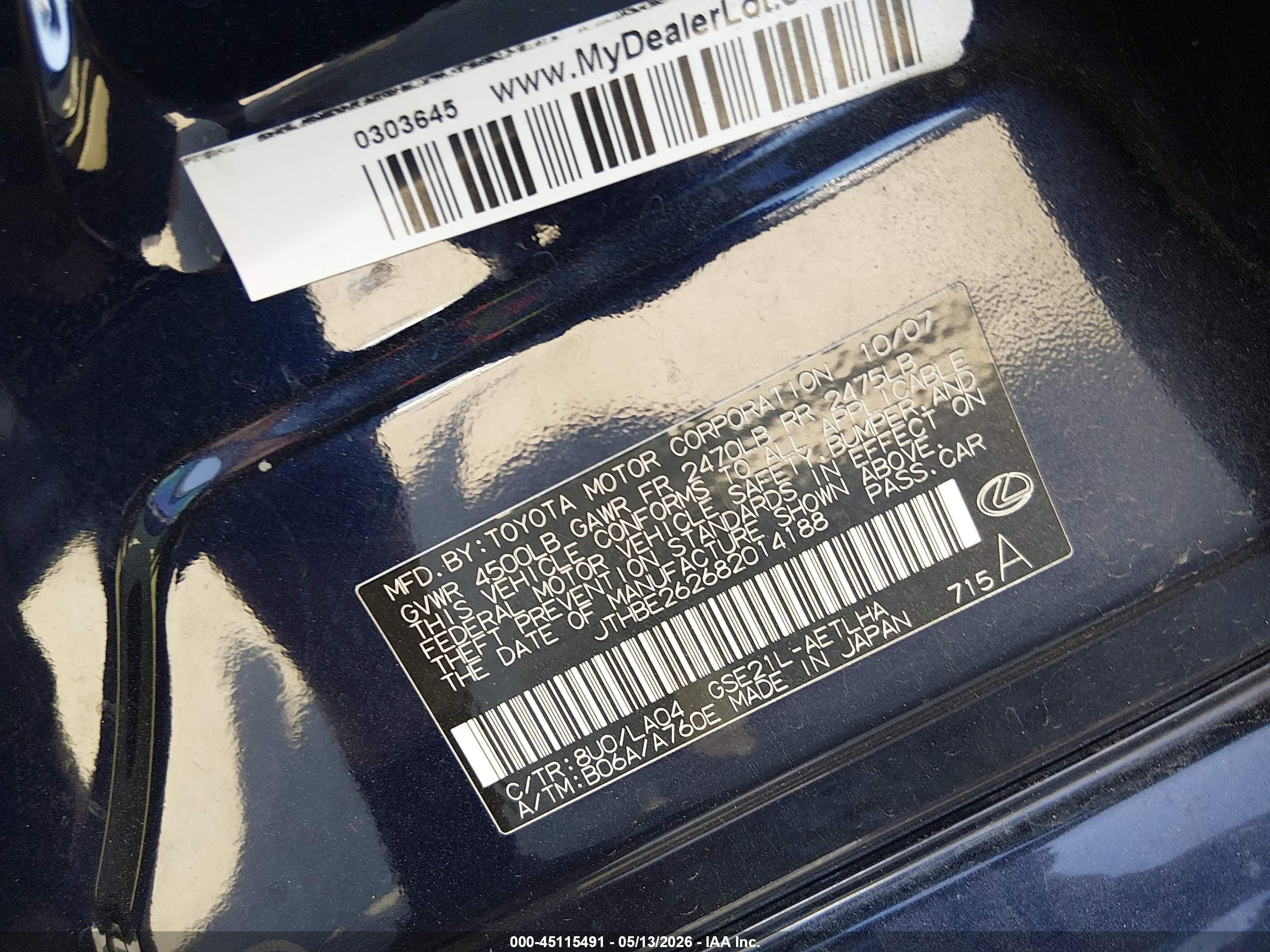 2008 Lexus Is 350   Blue vin: JTHBE262682014188