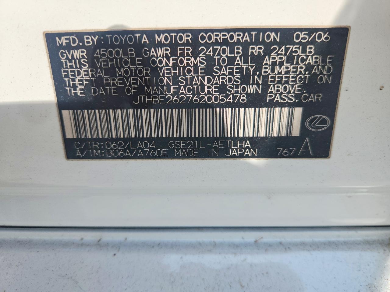 2006 Lexus Is 350 Base White vin: JTHBE262762005478