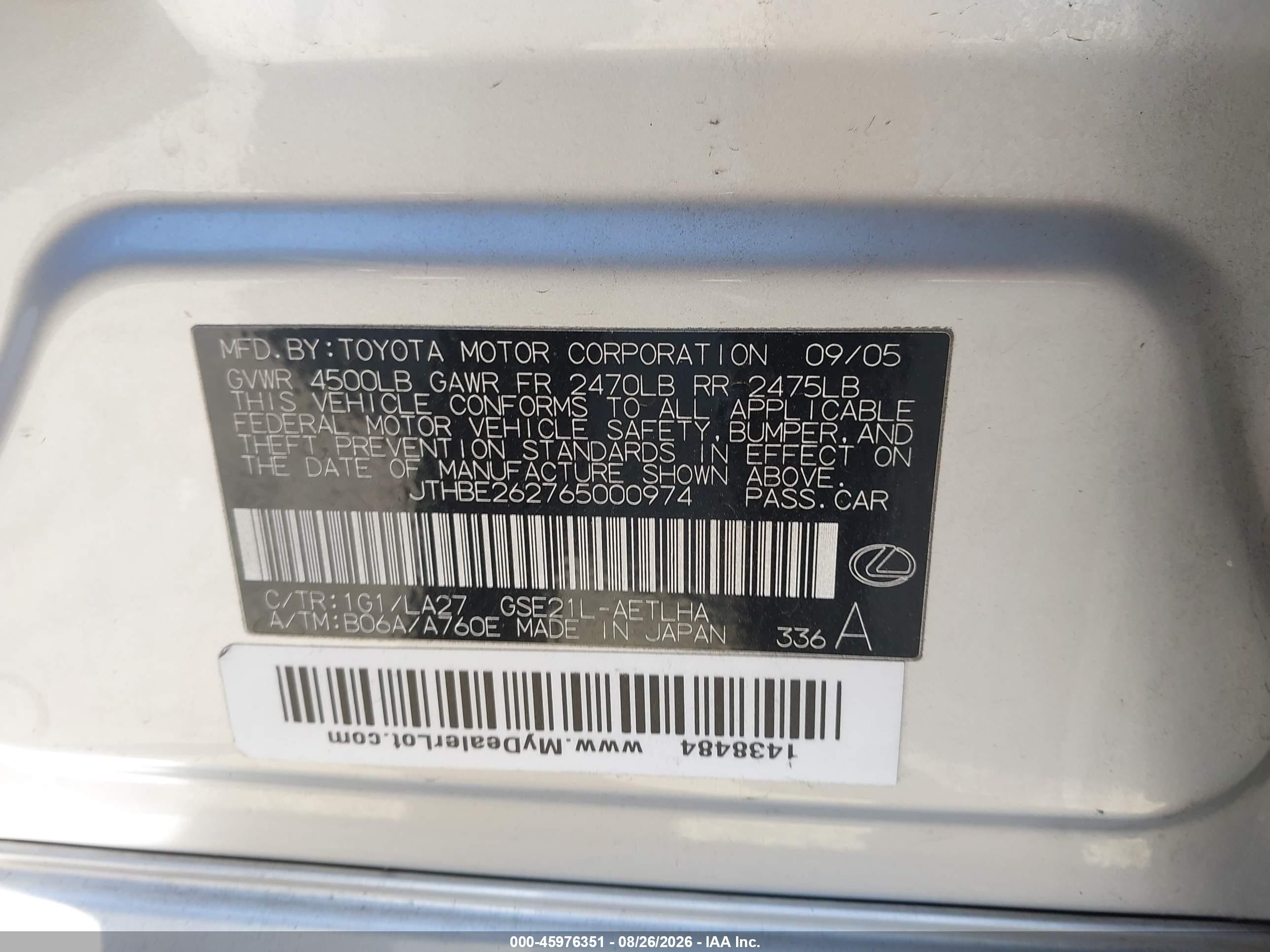2006 Lexus Is 350 Silver vin: JTHBE262765000974