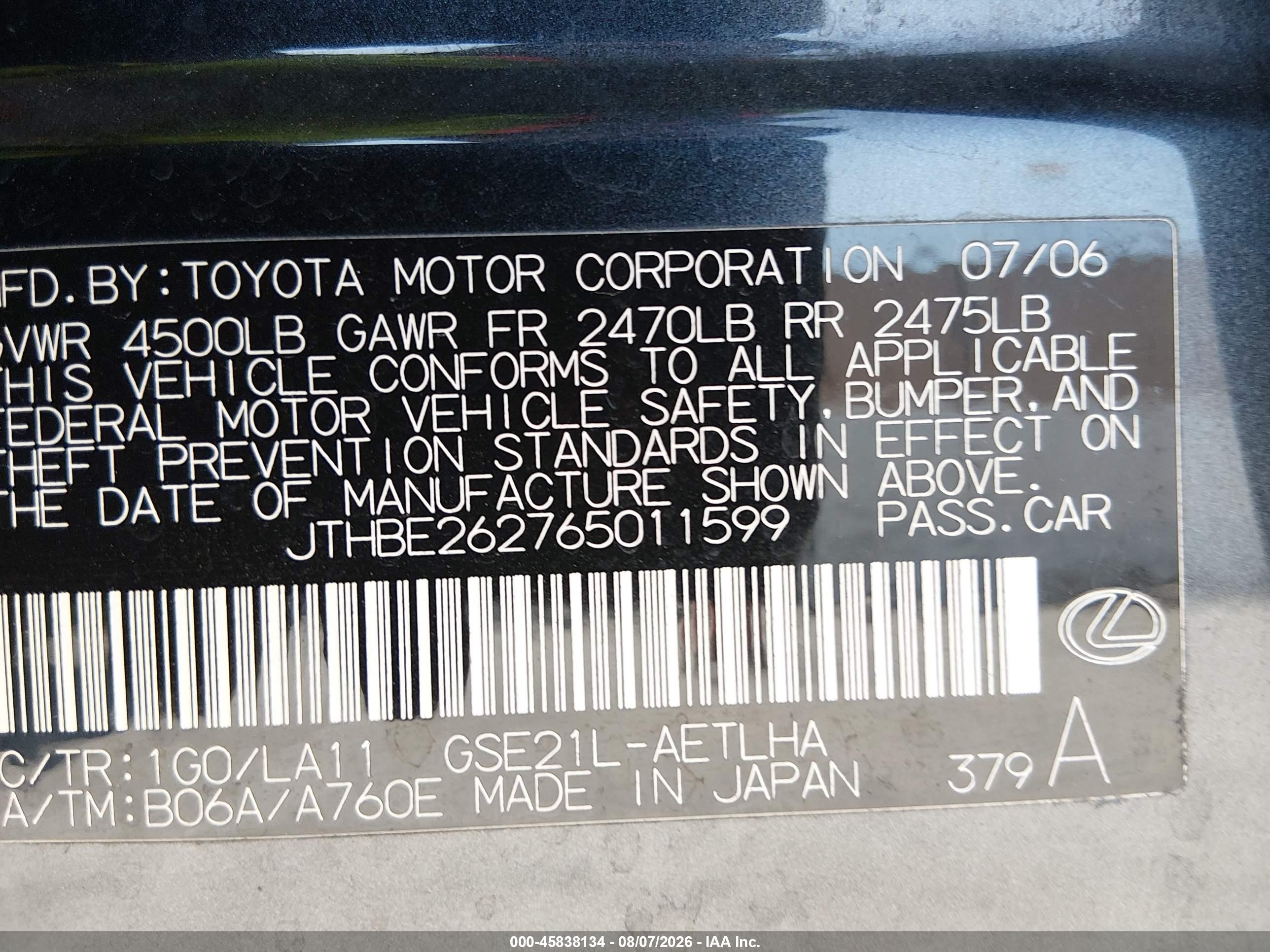 2006 Lexus Is 350   Gray vin: JTHBE262765011599