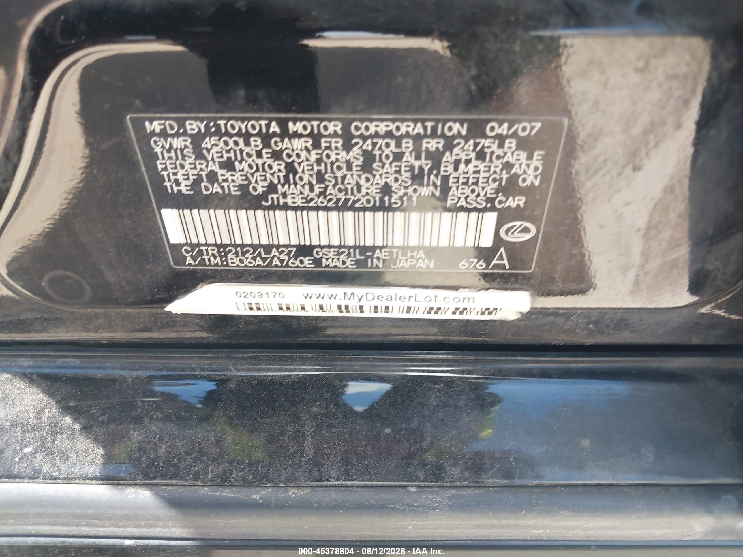 2007 Lexus Is 350   Black vin: JTHBE262772011511