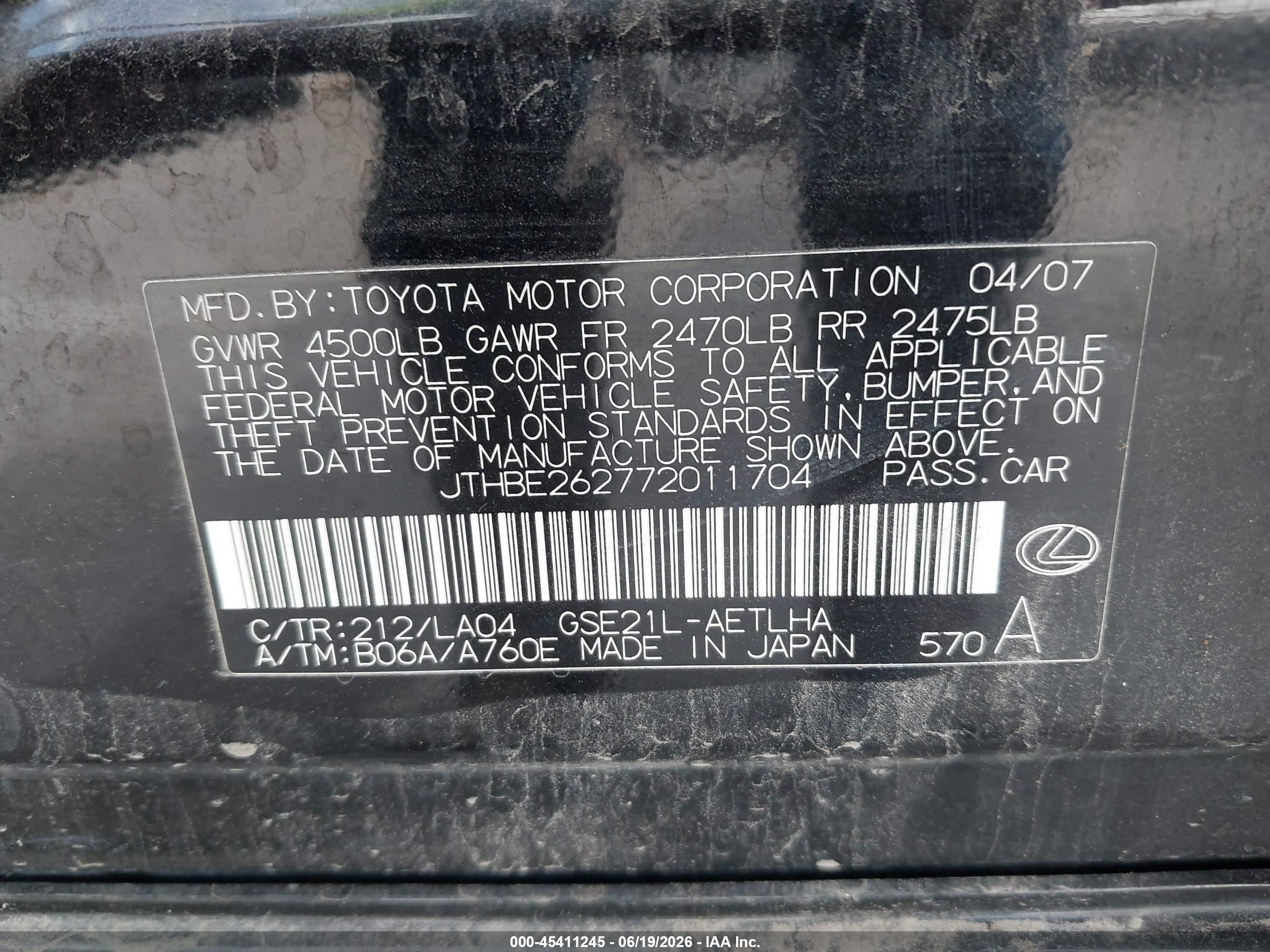 2007 Lexus Is 350   Black vin: JTHBE262772011704