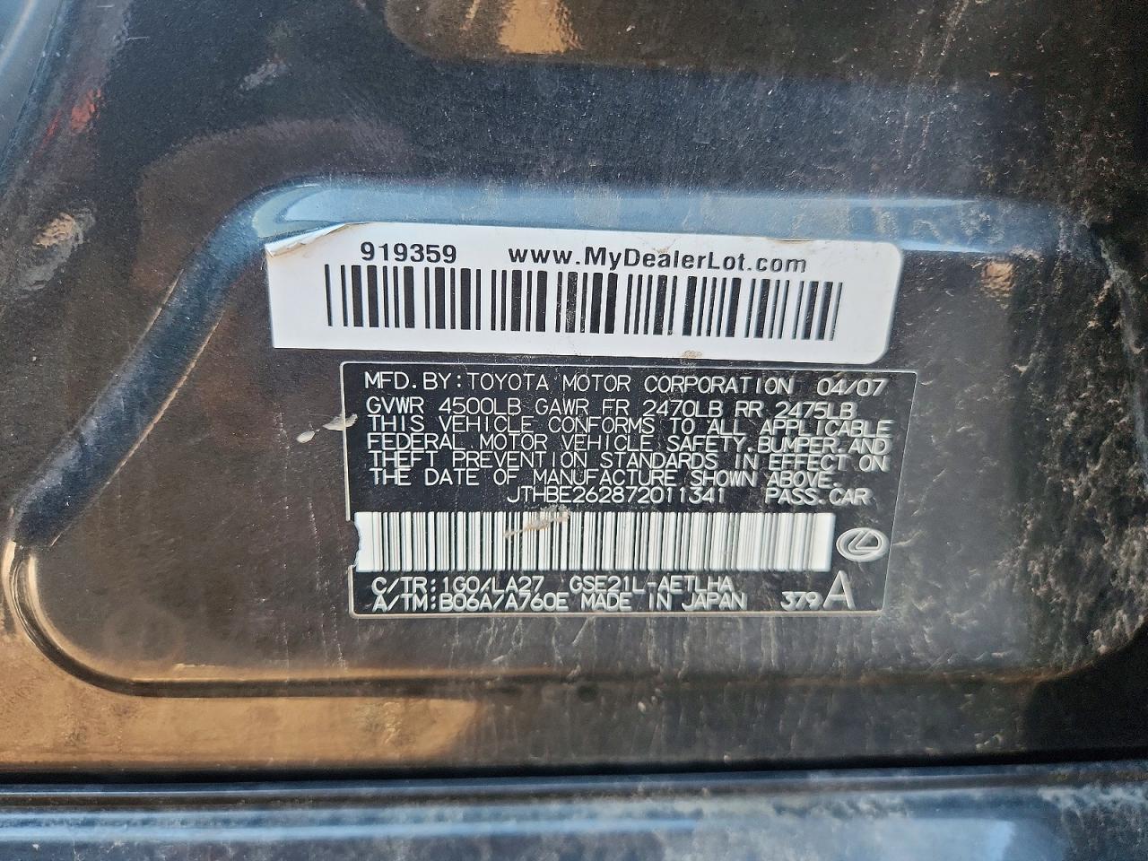 2007 Lexus Is 350 Black vin: JTHBE262872011341