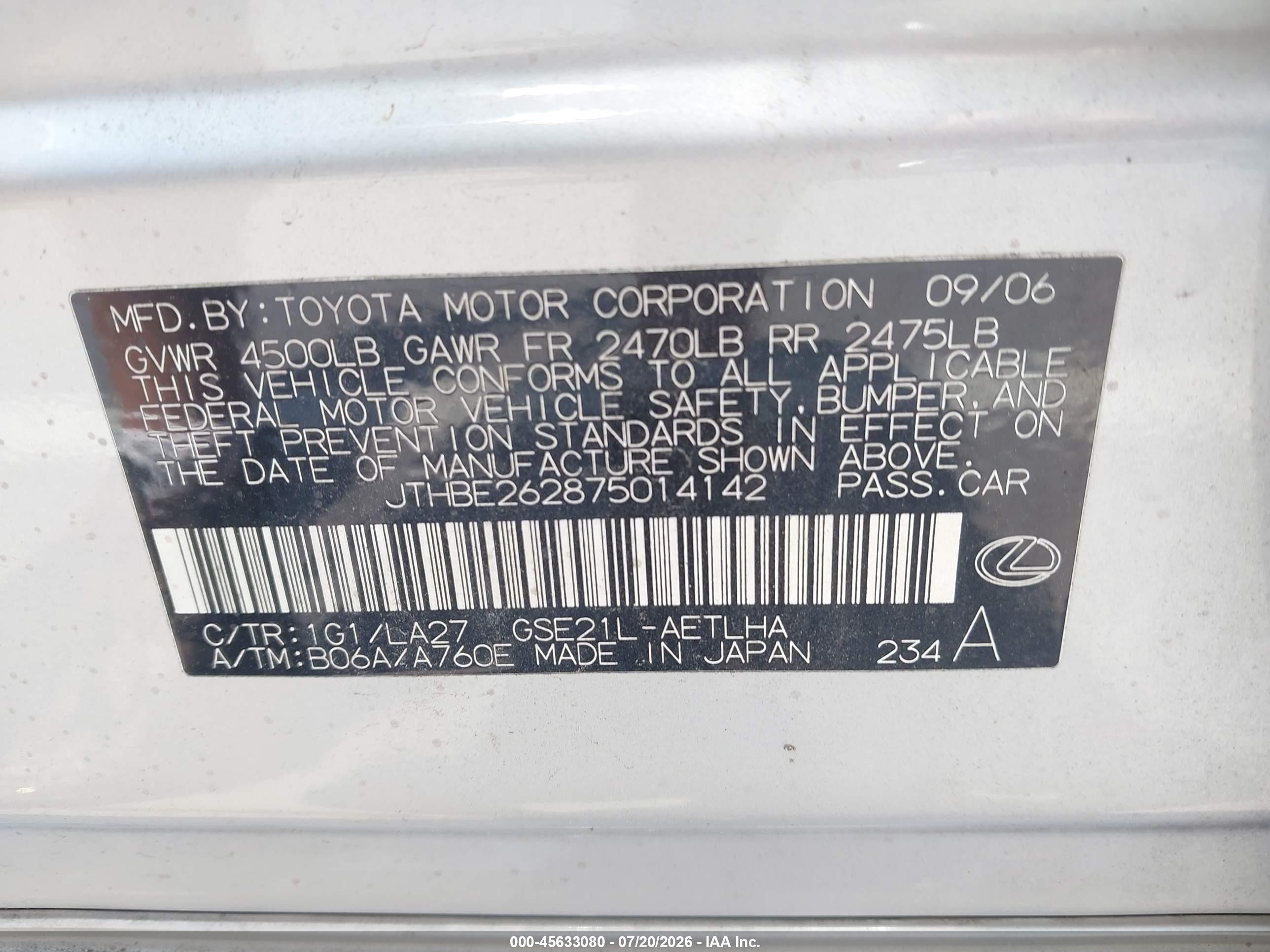 2007 Lexus Is 350   Silver vin: JTHBE262875014142