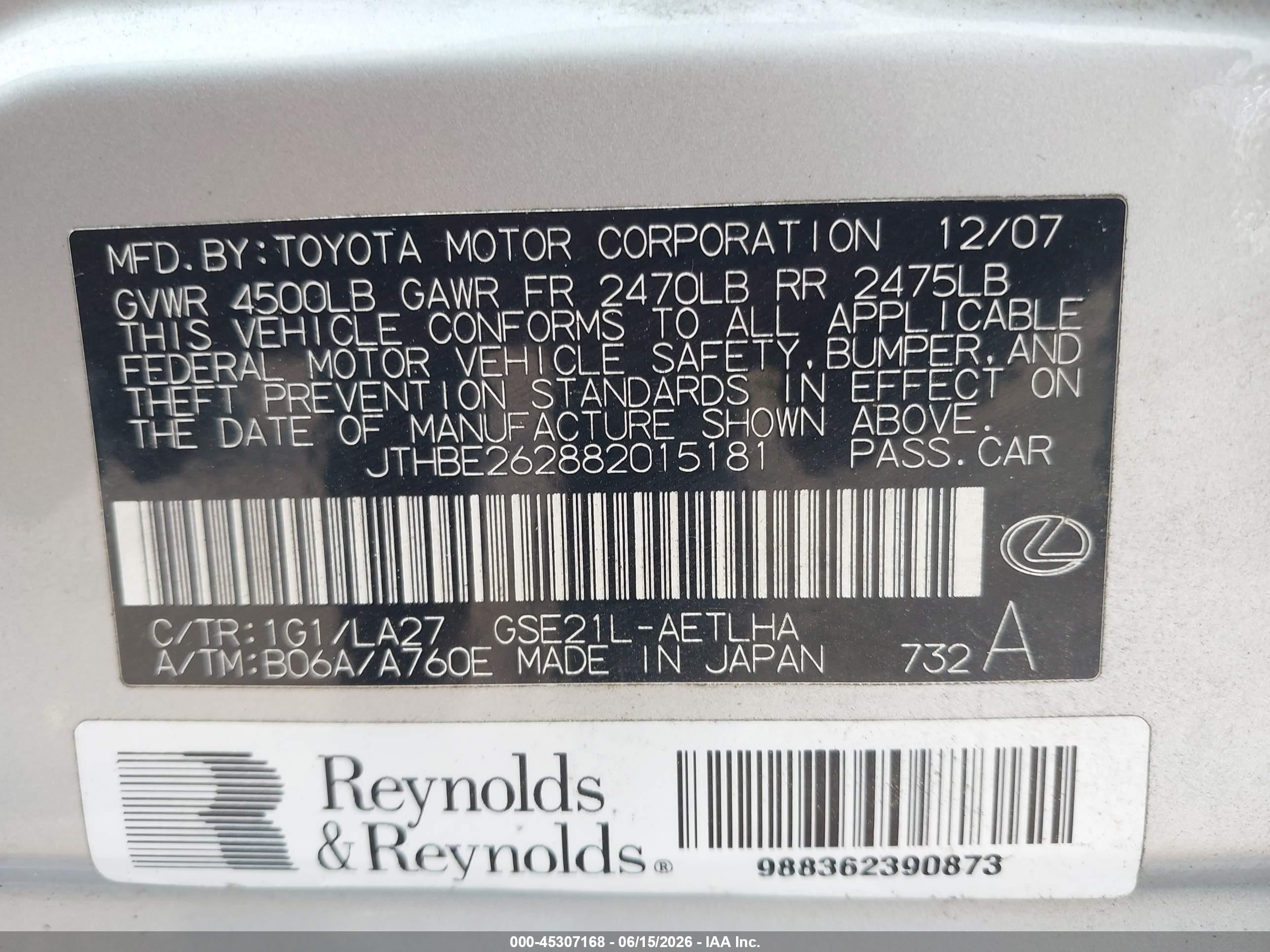 2008 Lexus Is 350   Silver vin: JTHBE262882015181