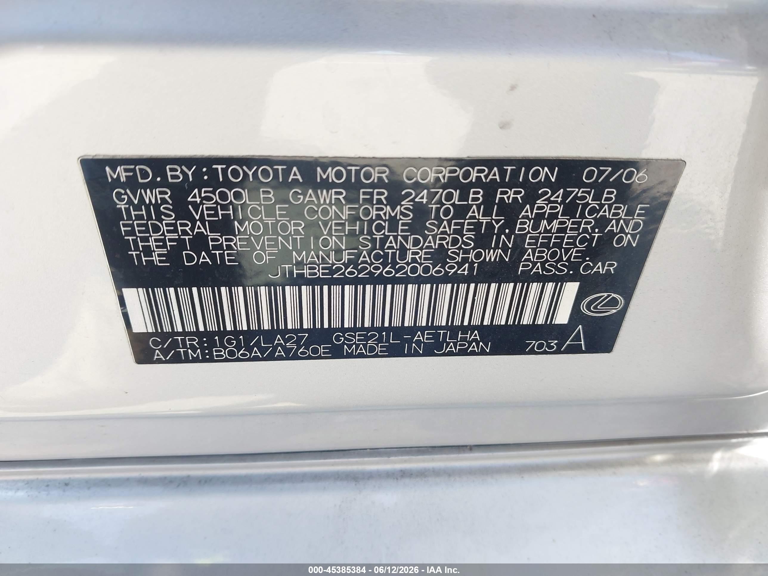 2006 Lexus Is 350 Silver vin: JTHBE262962006941